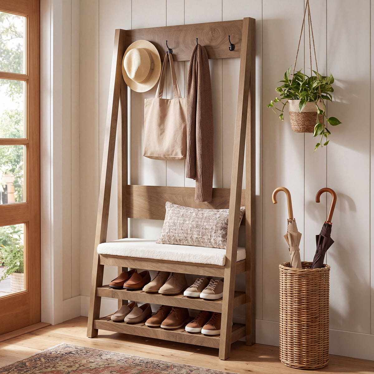 70.9" Hall Tree with Upholstered Bench and Shoe Storage, 4-in-1 Coat Rack for Hallway