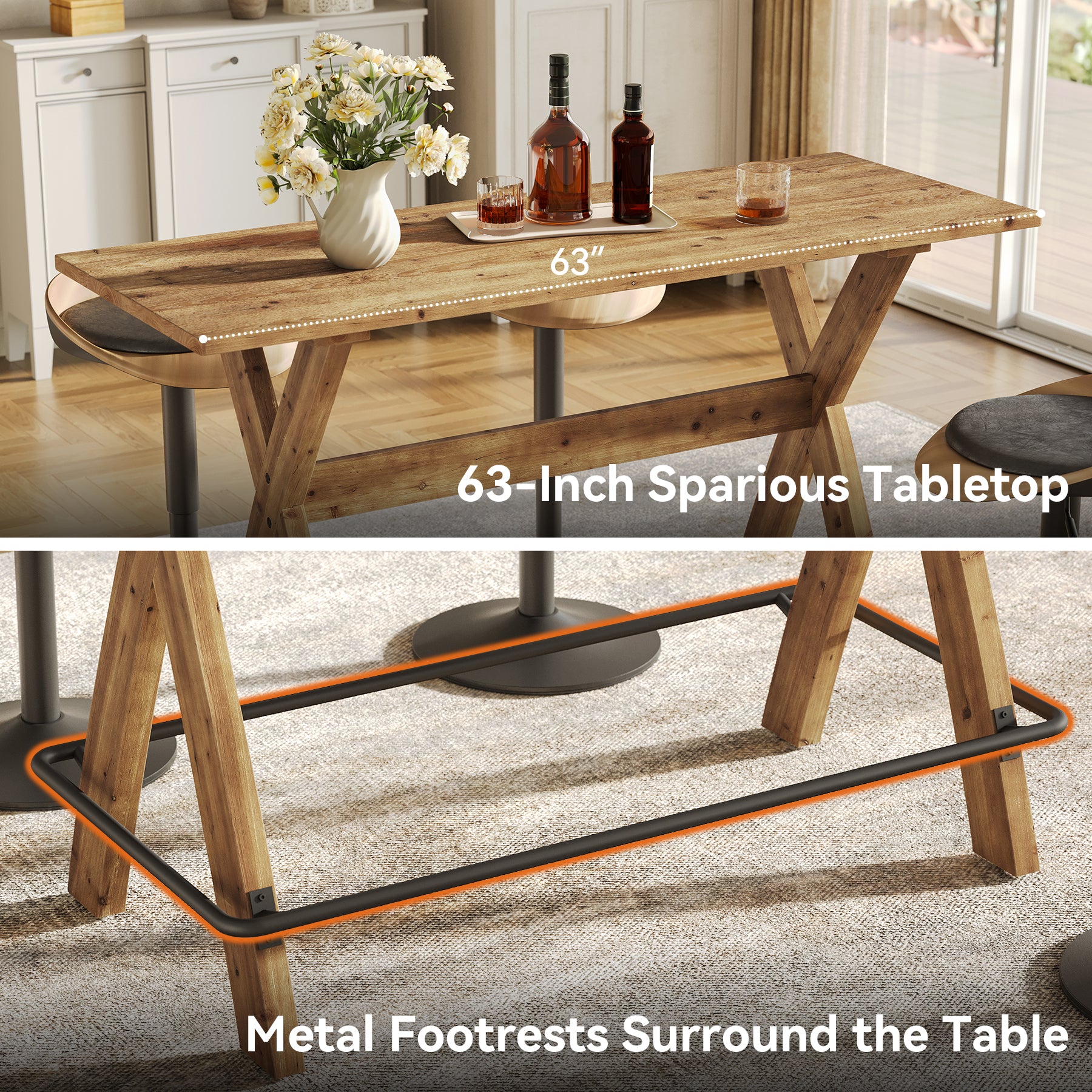 63" Bar Table, Solid Wood Counter Height Coffee Bar Cocktail Table