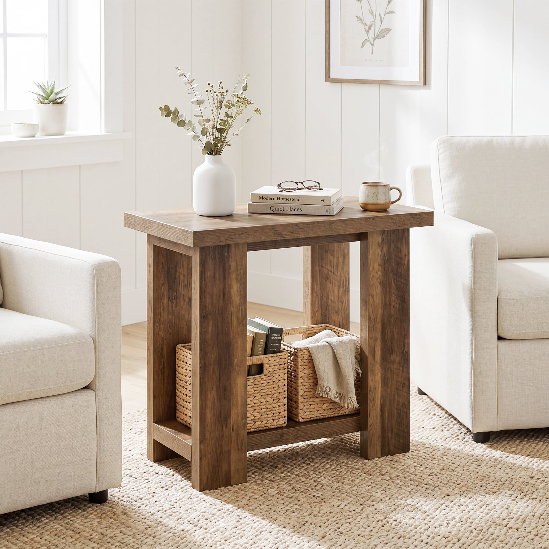 2-Tier End Table, Farmhouse Side Table with Storage Shelves for Small Space