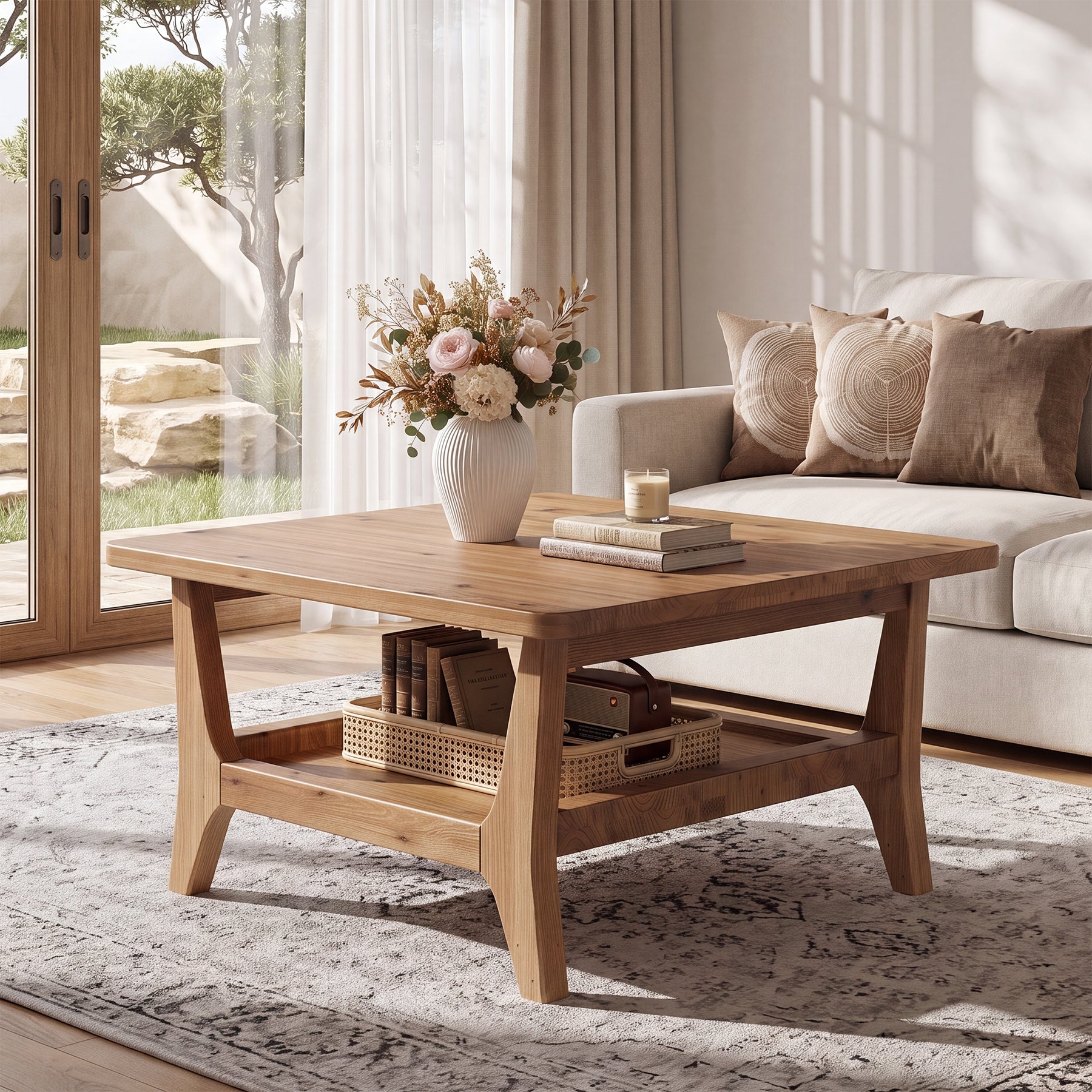 31.5" Square Solid Wood Coffee Table with 2-Tier Storage