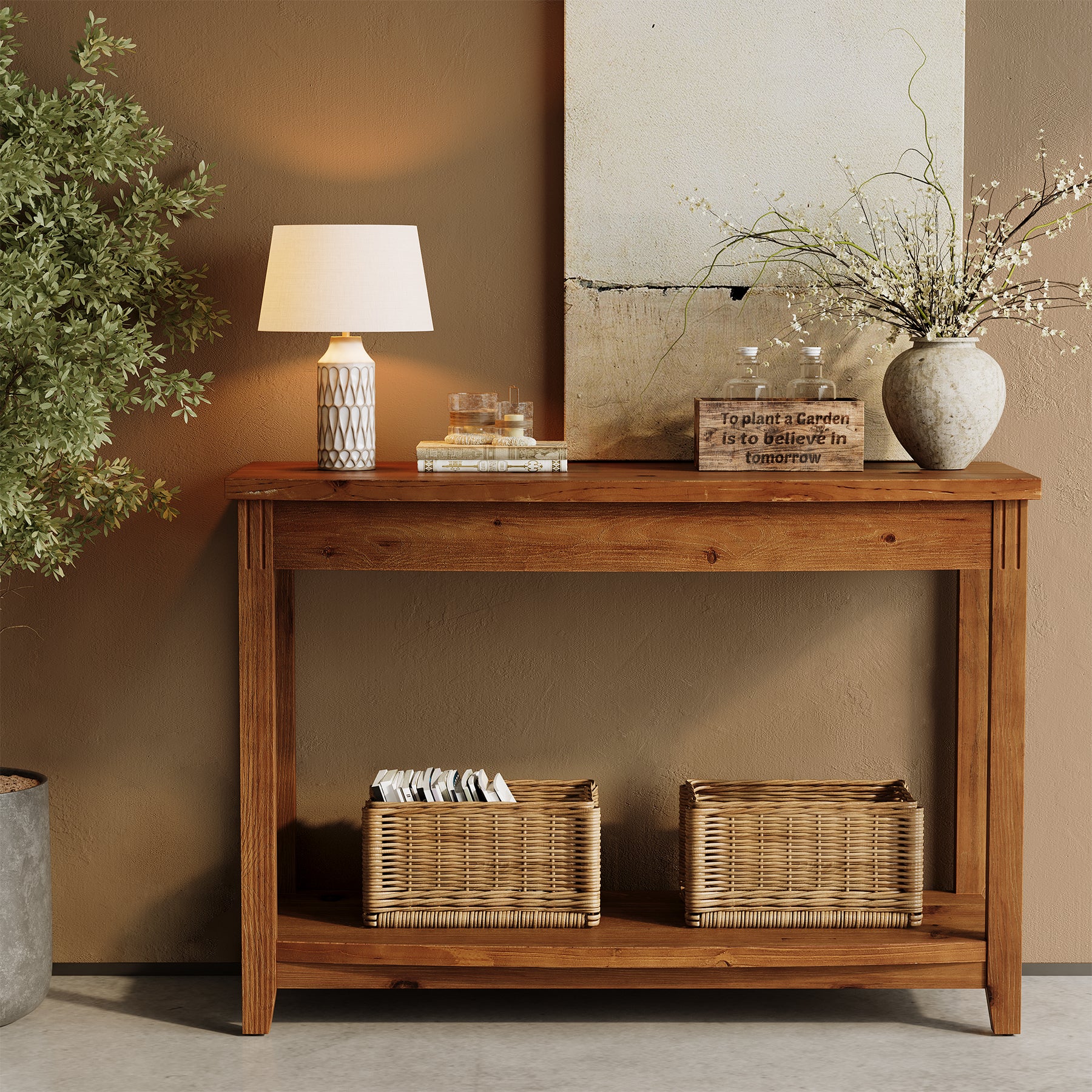 41.3" Solid Wood Console Table, Farmhouse Entryway Table With Storage Shelf