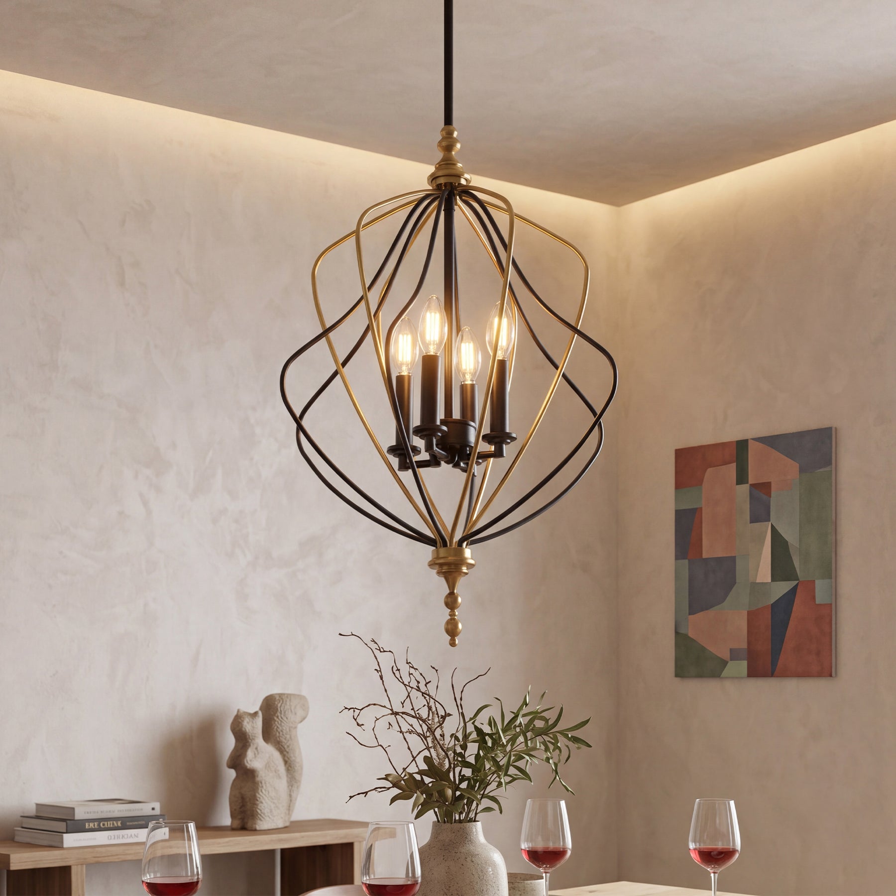 4-Light Chandelier, Modern Metal Cage Pendant Lighting for Living Room (Bulb Not Included)