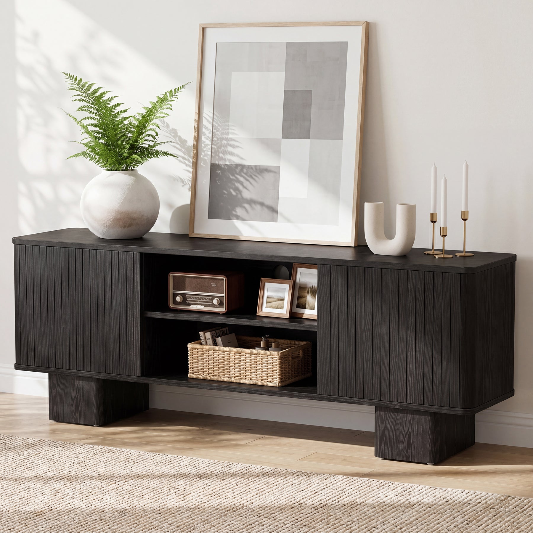 63" TV Stand for TVs Up To 70", Entertainment Center With Fluted Door & Hidden Storage