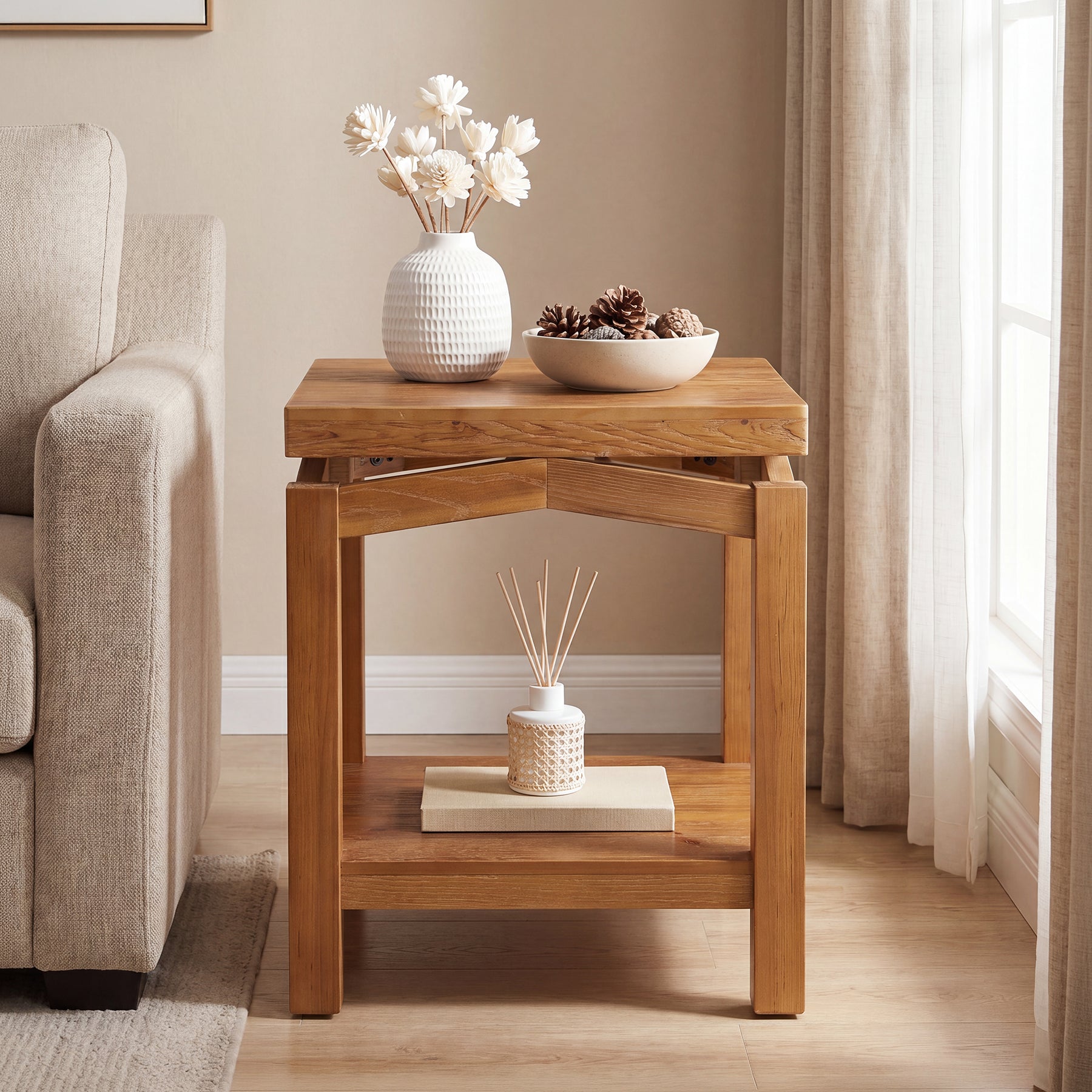 Tribesigns 19.7-Inch Solid Wood Side Table with 2-Tier Storage Shelf, Small Square End Table for Living Room Bedroom and Small Spaces