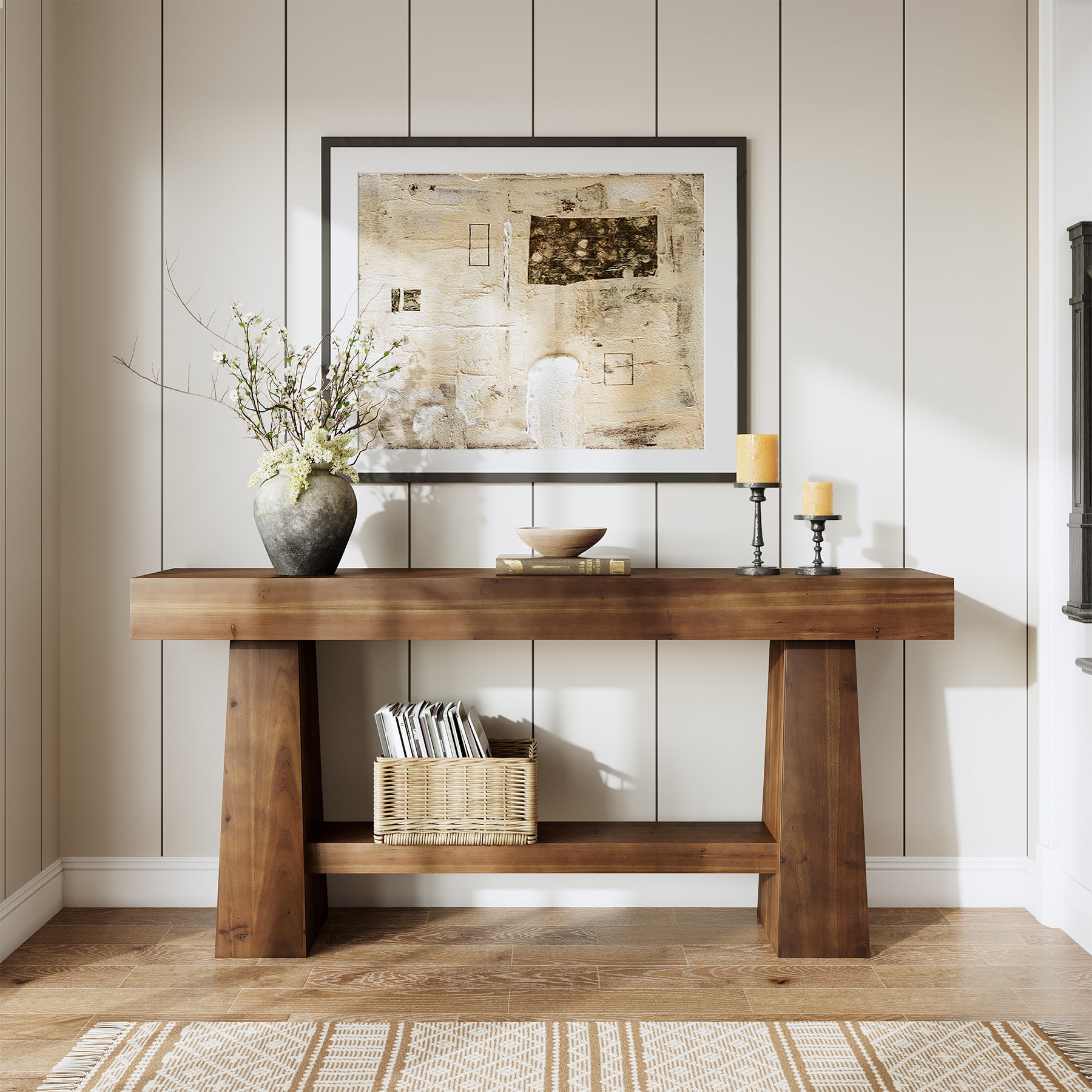 Solid Wood Console Table, 63" Wooden Entryway Sofa Table with Storage