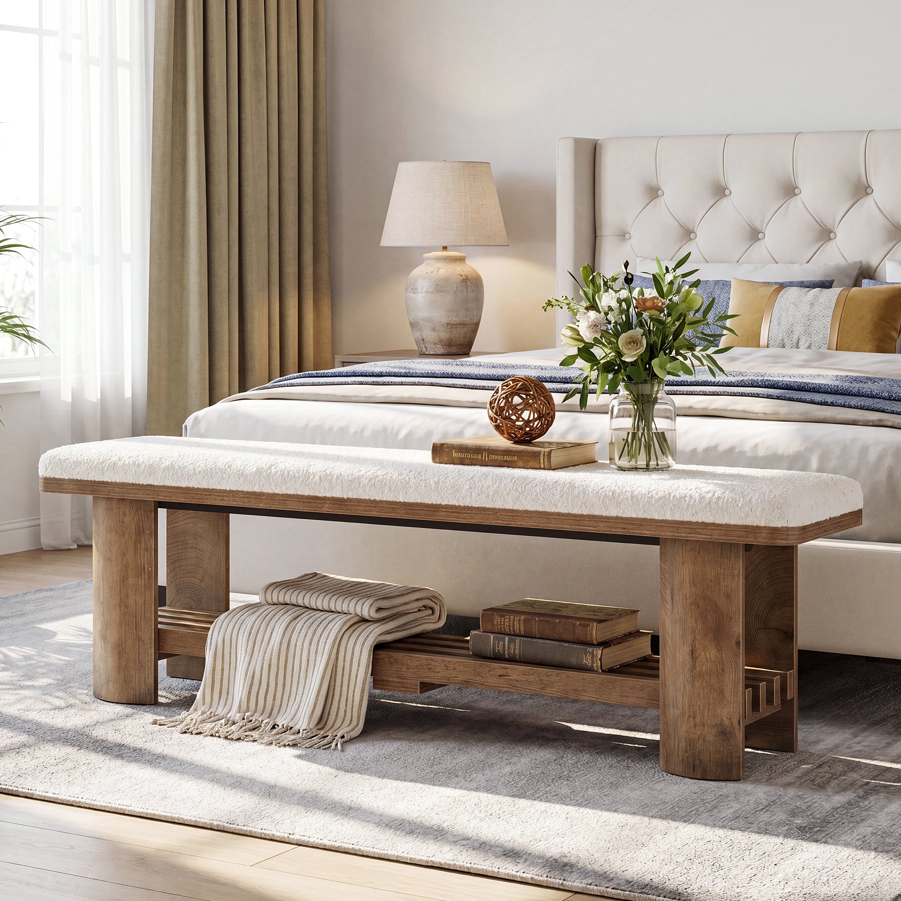 62.9" End of Bed Bench with Faux Lamb Wool Cushion for Bedroom