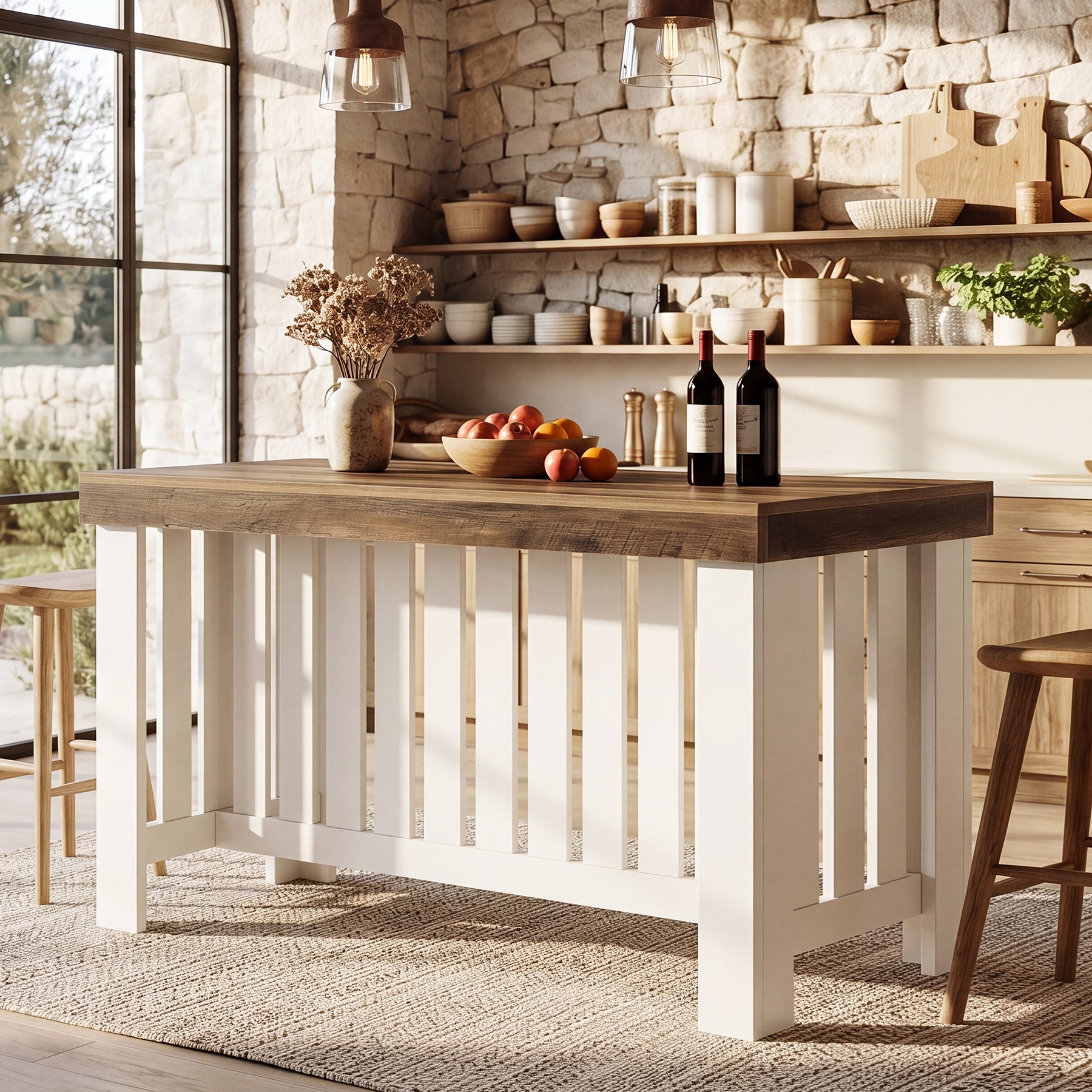 55" Kitchen Island, Farmhouse Stationary Table with Sturdy Base for Kitchen