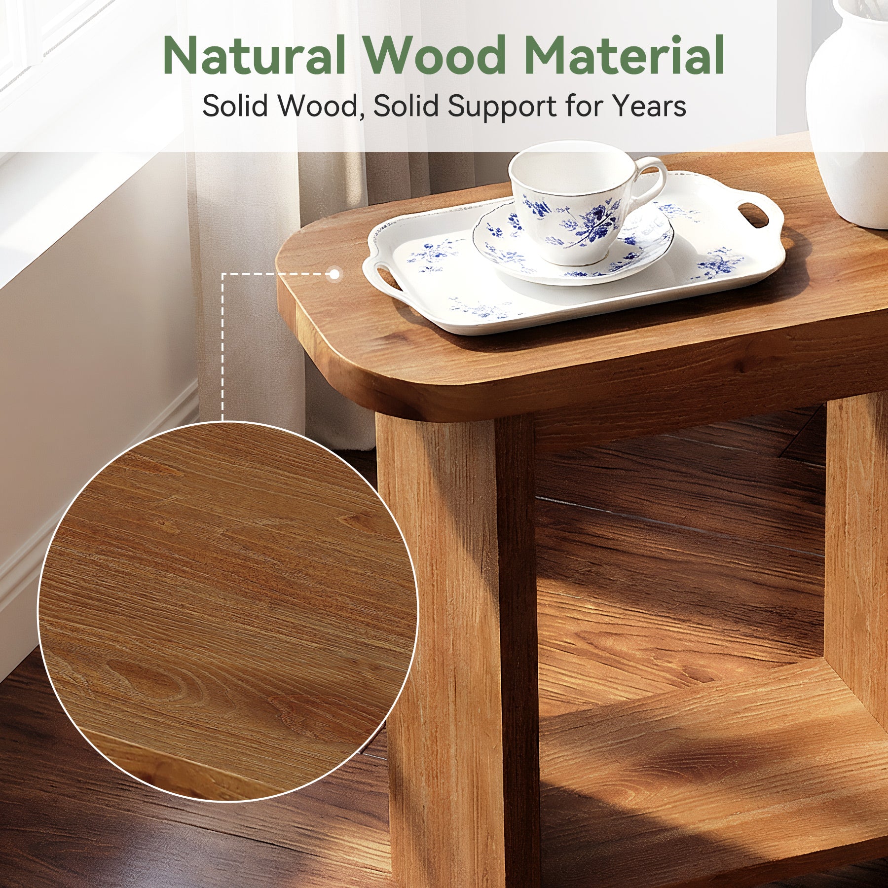 Solid Wood End Table, H-Shaped 2-Tier Side Table with Storage Shelf