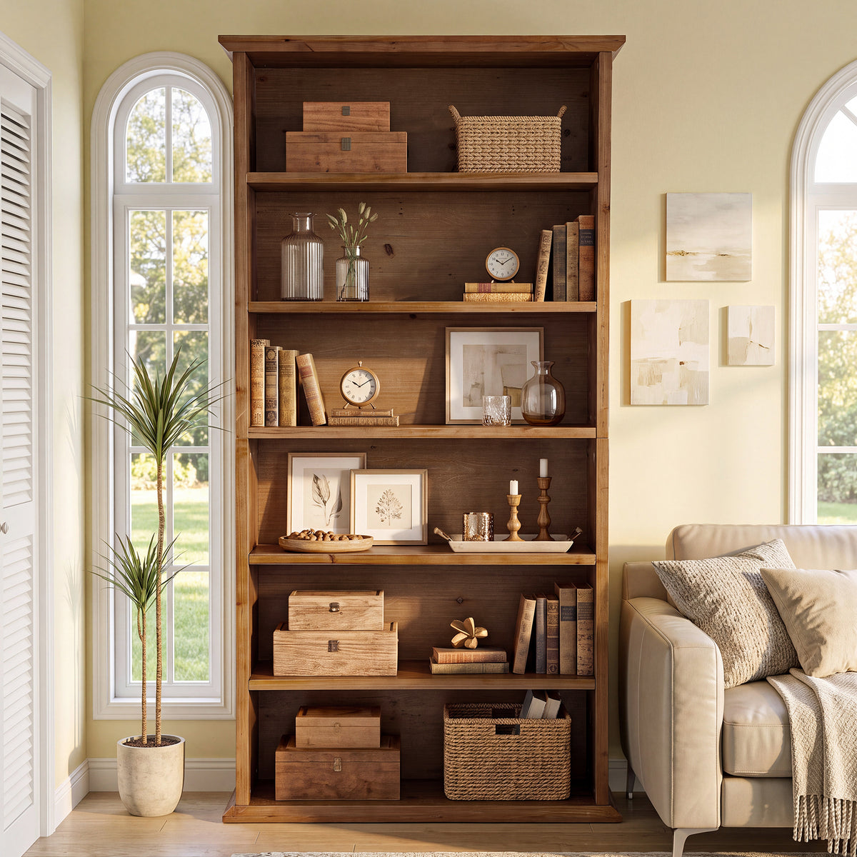 75" Solid Wood Bookshelf, 7-Tier Open Bookcase Display Shelf for Home Office