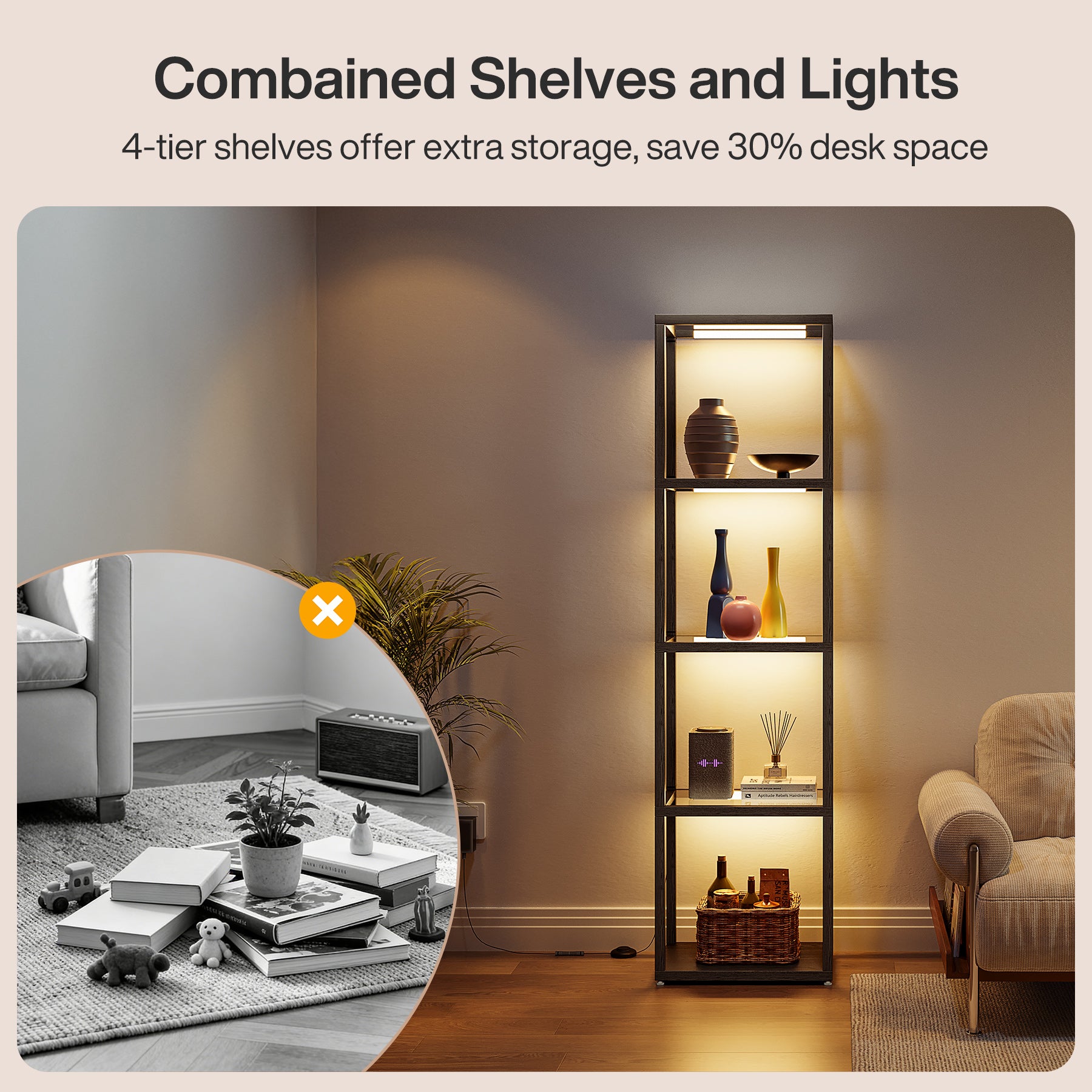 LED Floor Lamp, 4-Tier Bookshelf with Glass Shelves & Light