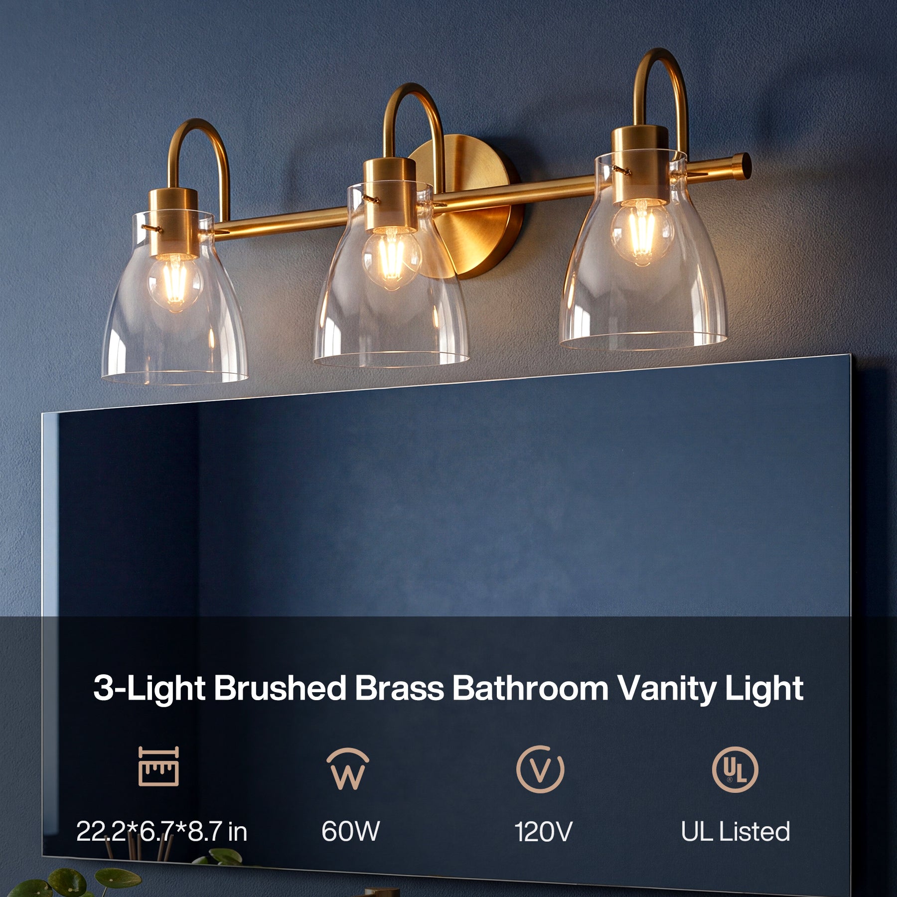 Bathroom Light Fixtures, 3-Light Vanity Lights with Clear Glass Shade