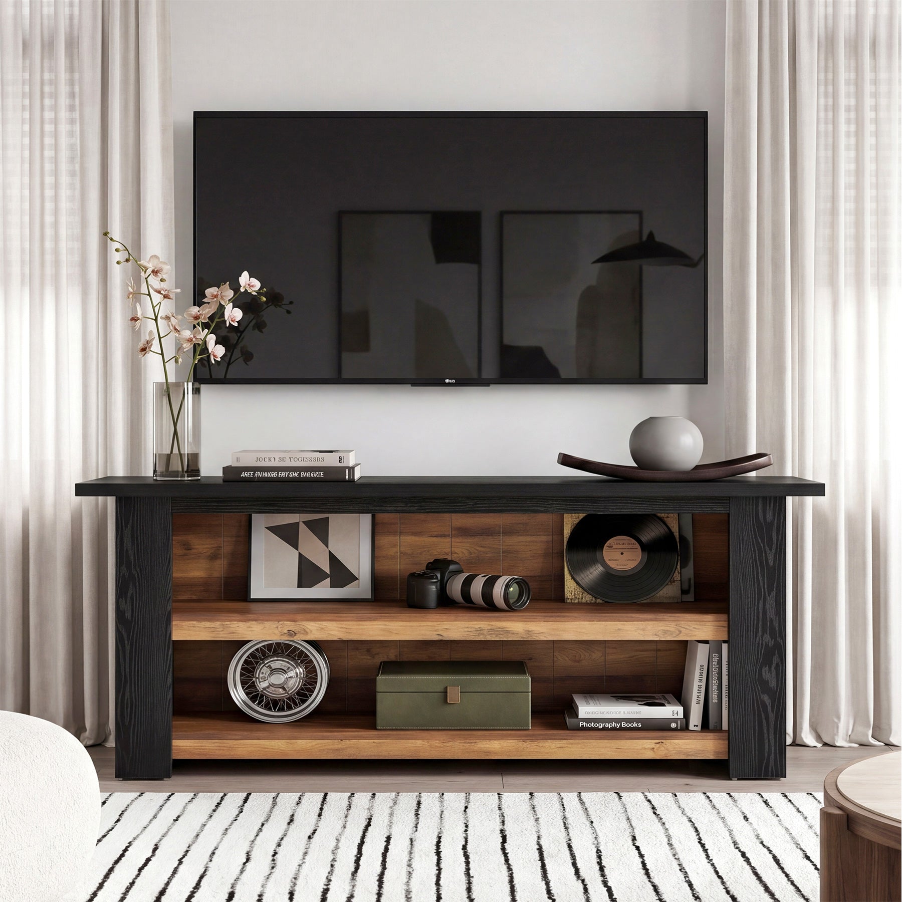 63-Inch Farmhouse TV Stand with X-Shaped Side Panels, Black Entertainment Center for Living Room