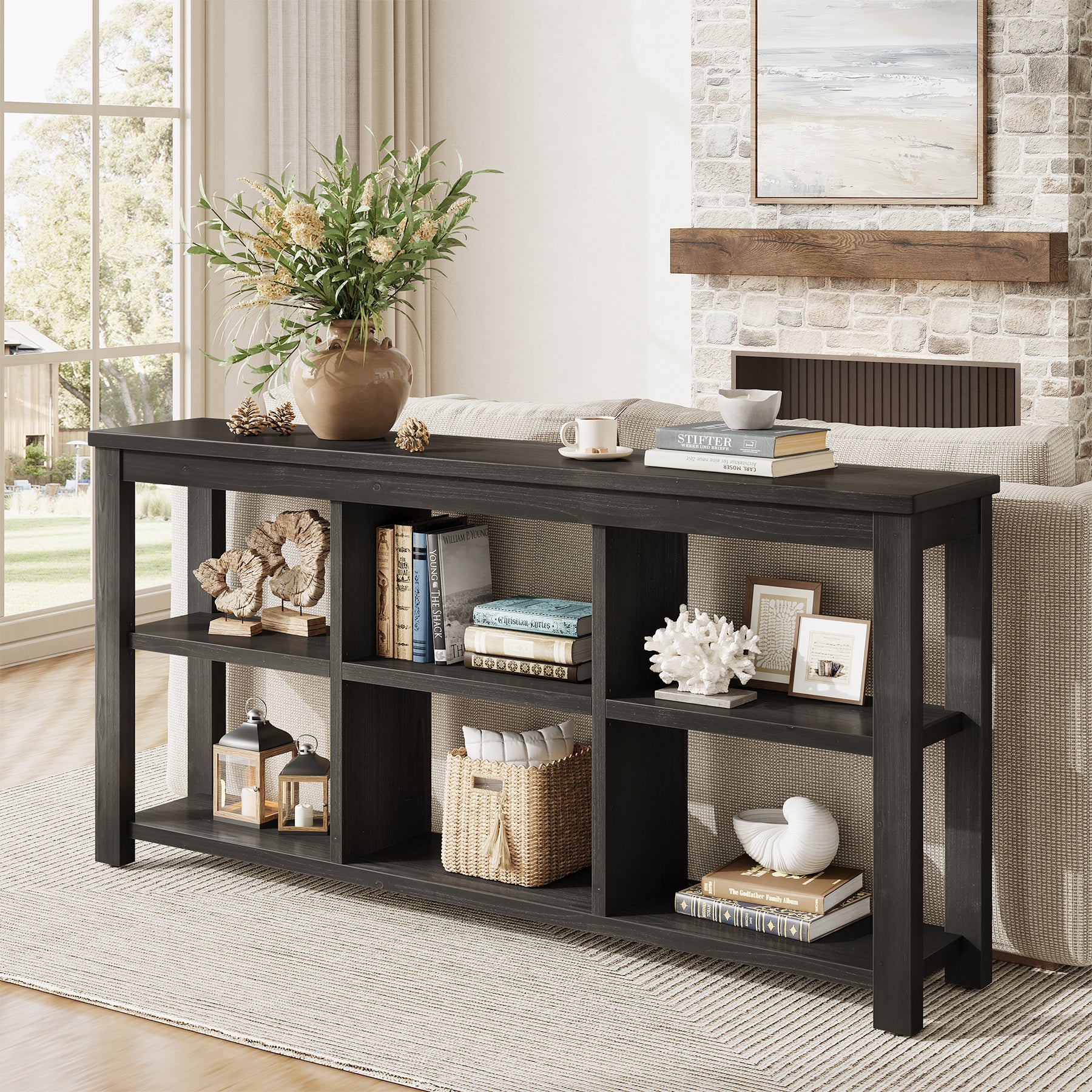 63" Console Table, 3-Tier Solid Wood Sofa Table with 6 Storage Cubes
