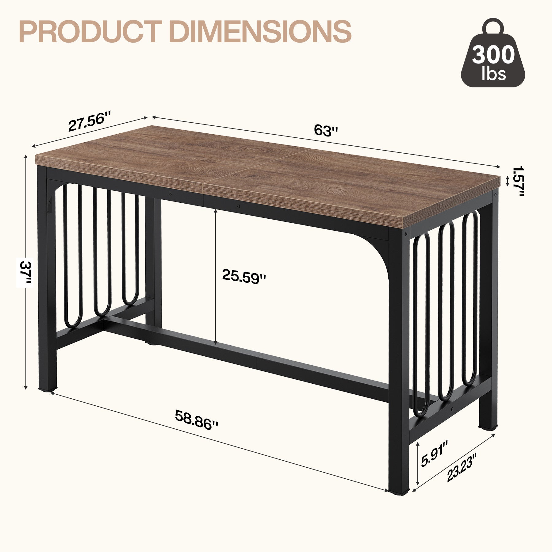 63" Bar Table, Industrial Counter-Height Pub Table with Metal Frame for Home Bar