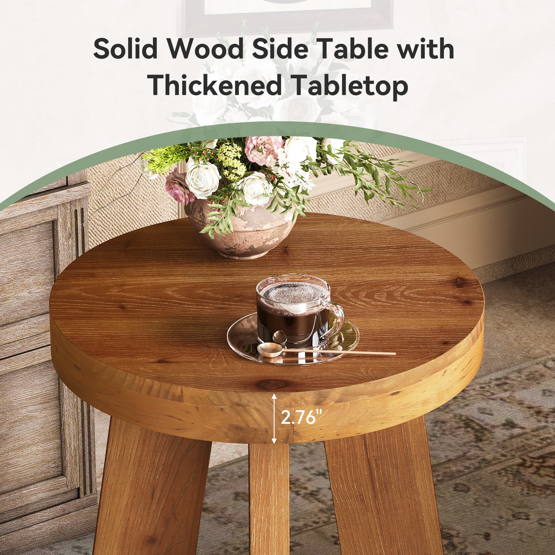 Solid Wood End Table, Round Side Table with Heavy-Duty Legs for Couch