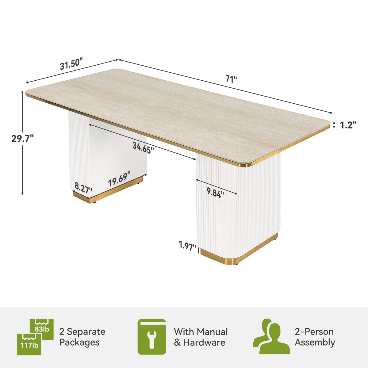 71" Sintered Stone Dining Table, Rectangular Kitchen Table with Fluted MDF Pedestal Base for 4-8