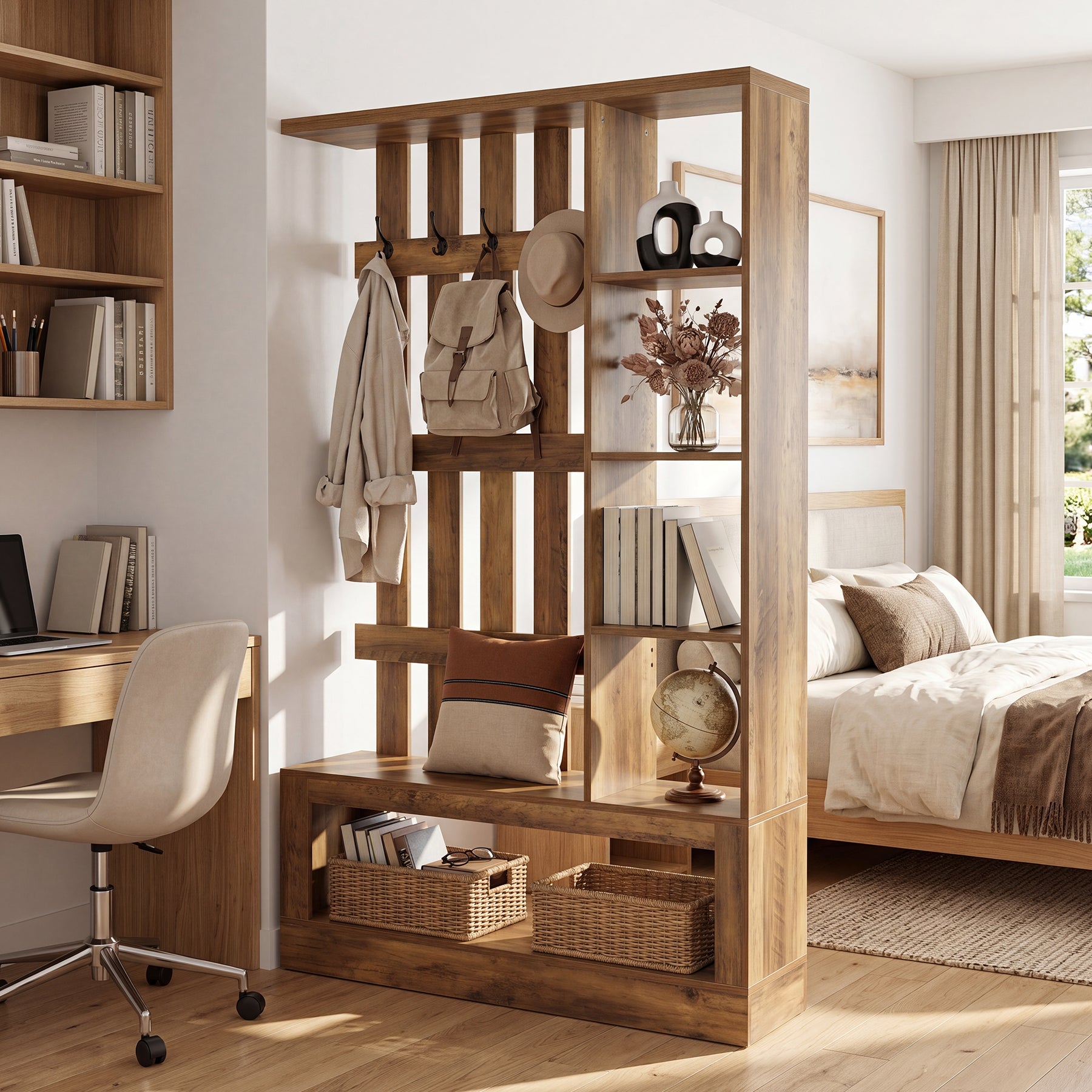 70.9'' Wall Room Divider With Shelves, Freestanding Wall Partition With Coat Rack