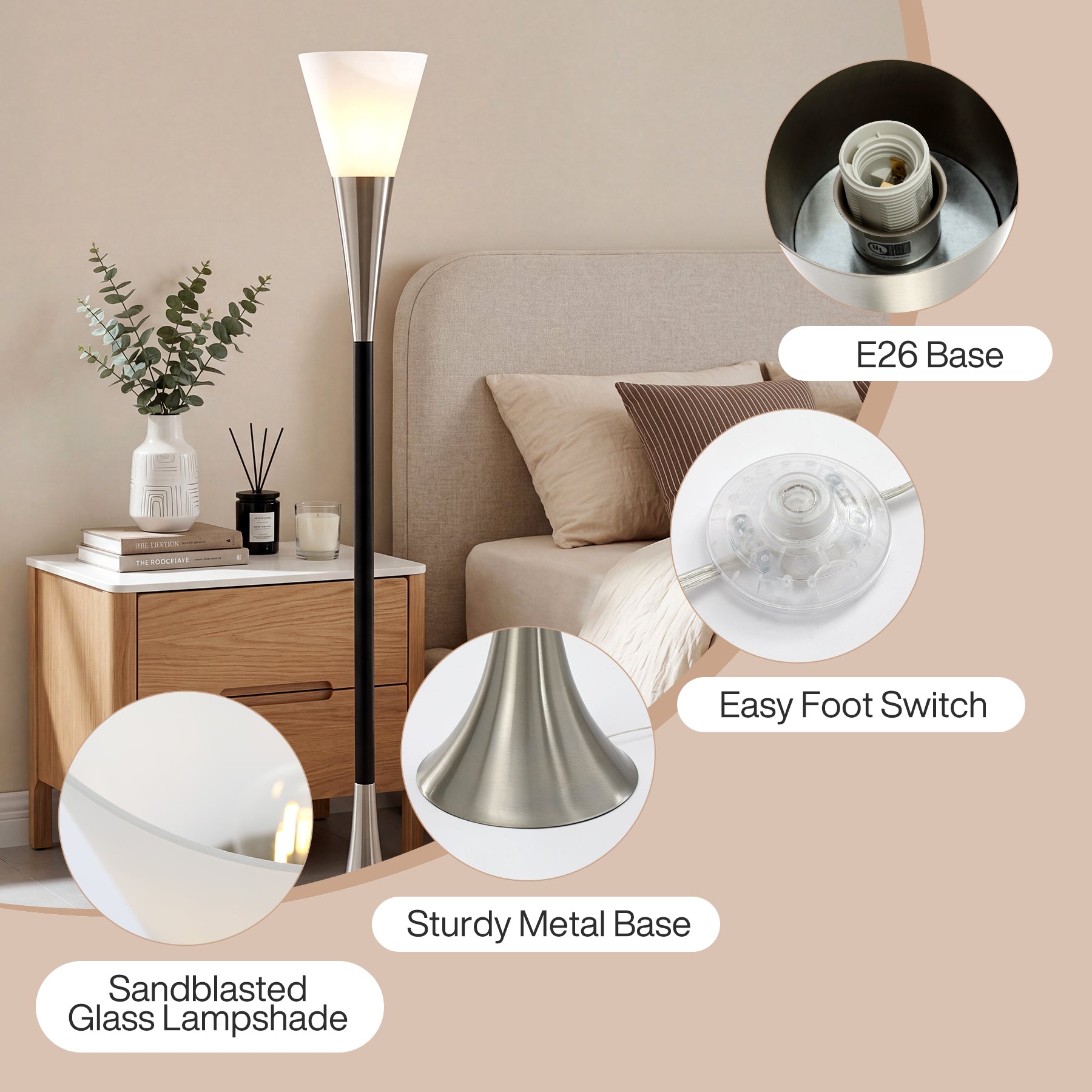 72.8" Floor Lamp with Sandblasted Glass Lampshade & Foot Pedal Switch