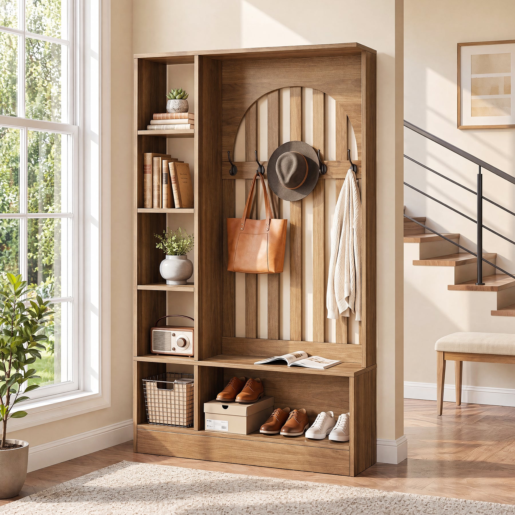 70.9" Freestanding Hall Tree, Furniture Organizer with Bench and Coat Rack