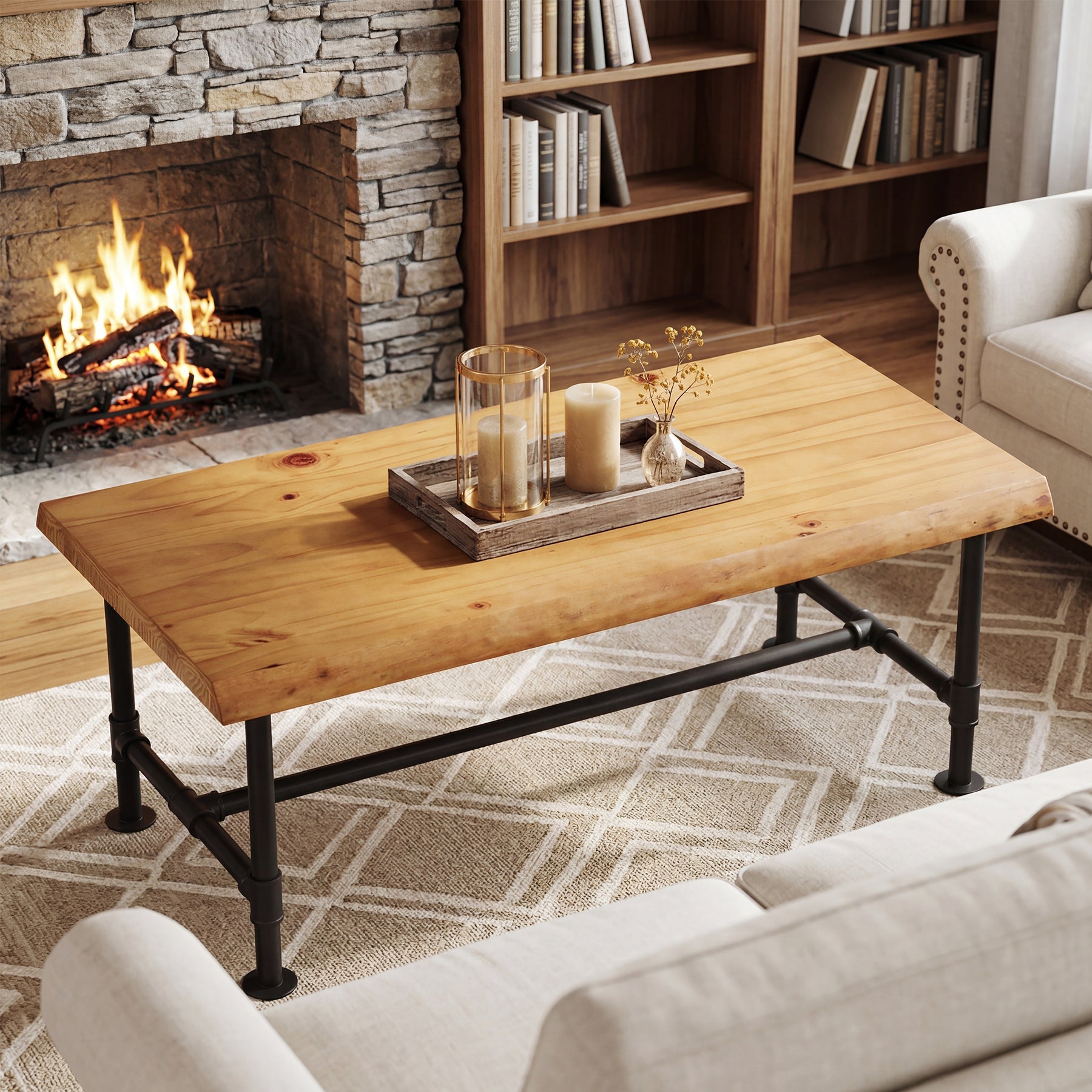 Tribesigns 47.2" Live Edge Coffee Table, Pine Wood Center Table for Living Room