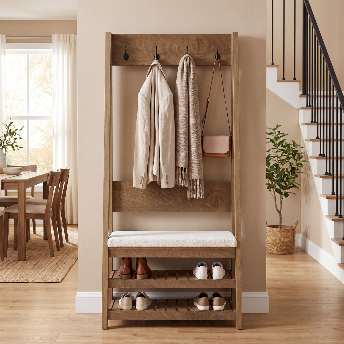 70.9" Hall Tree with Upholstered Bench and Shoe Storage, 4-in-1 Coat Rack for Hallway