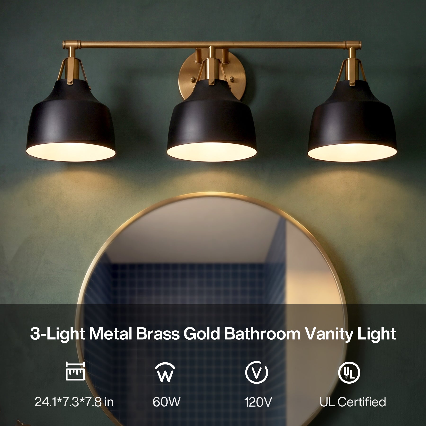 3-Light Bathroom Vanity Light, 24" Wall Light Fixtures with Metal Shade