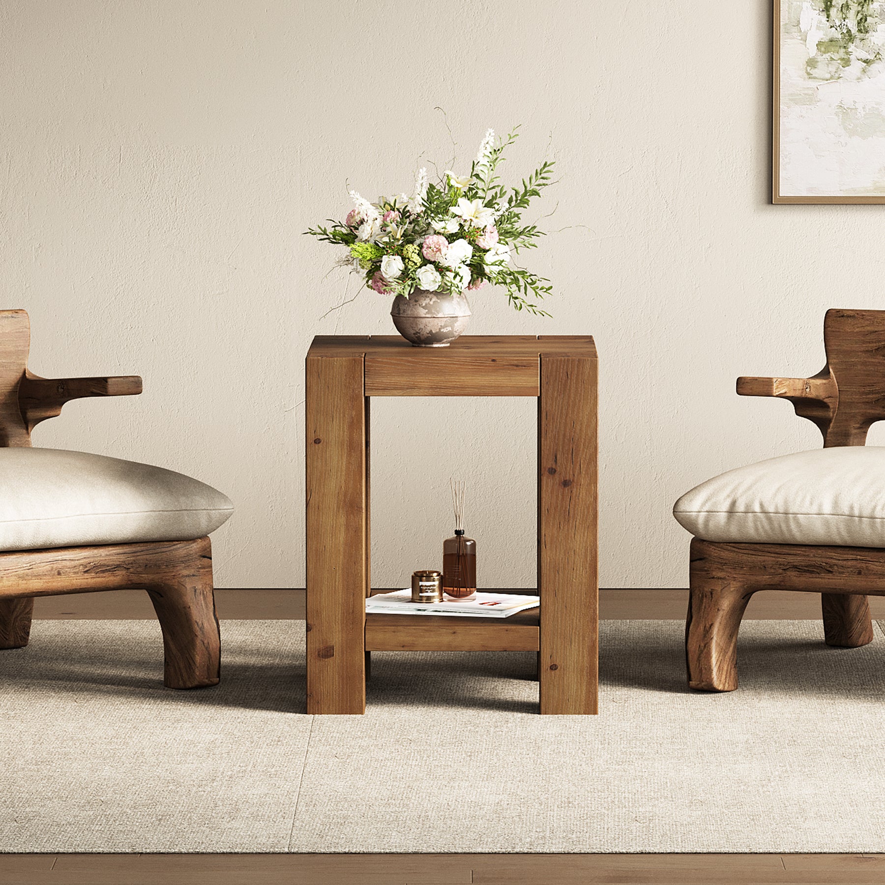 19.6" Farmhouse Side Table, Solid Wood 2-Tier End Table with Storage Shelves