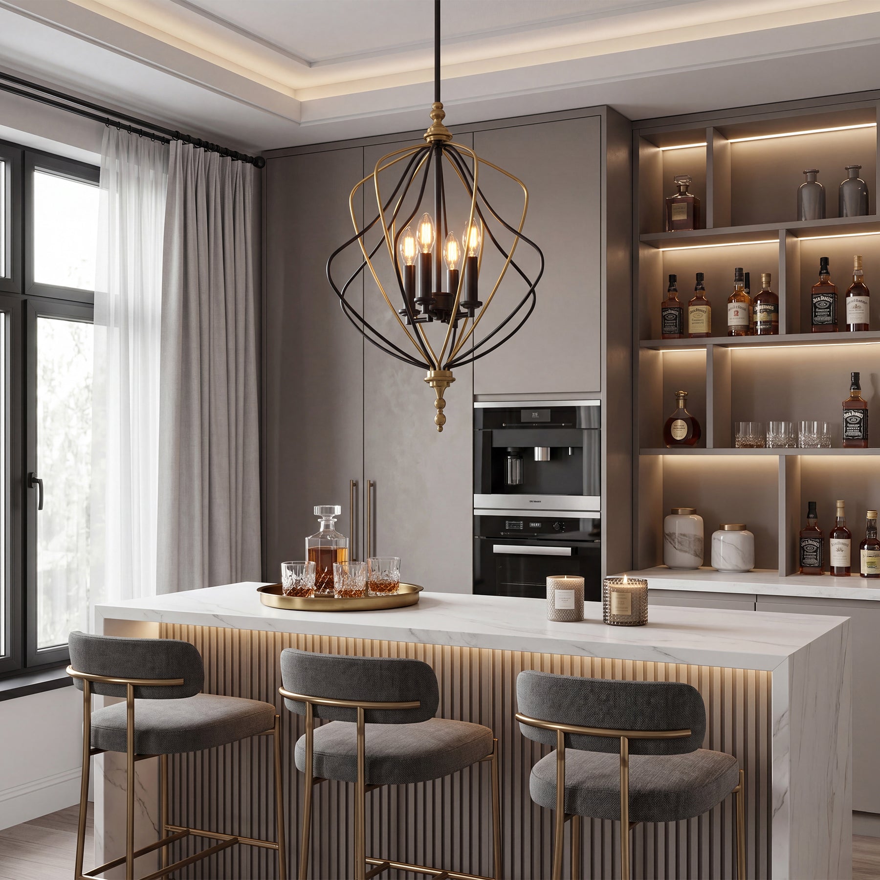 4-Light Chandelier, Modern Metal Cage Pendant Lighting for Living Room (Bulb Not Included)