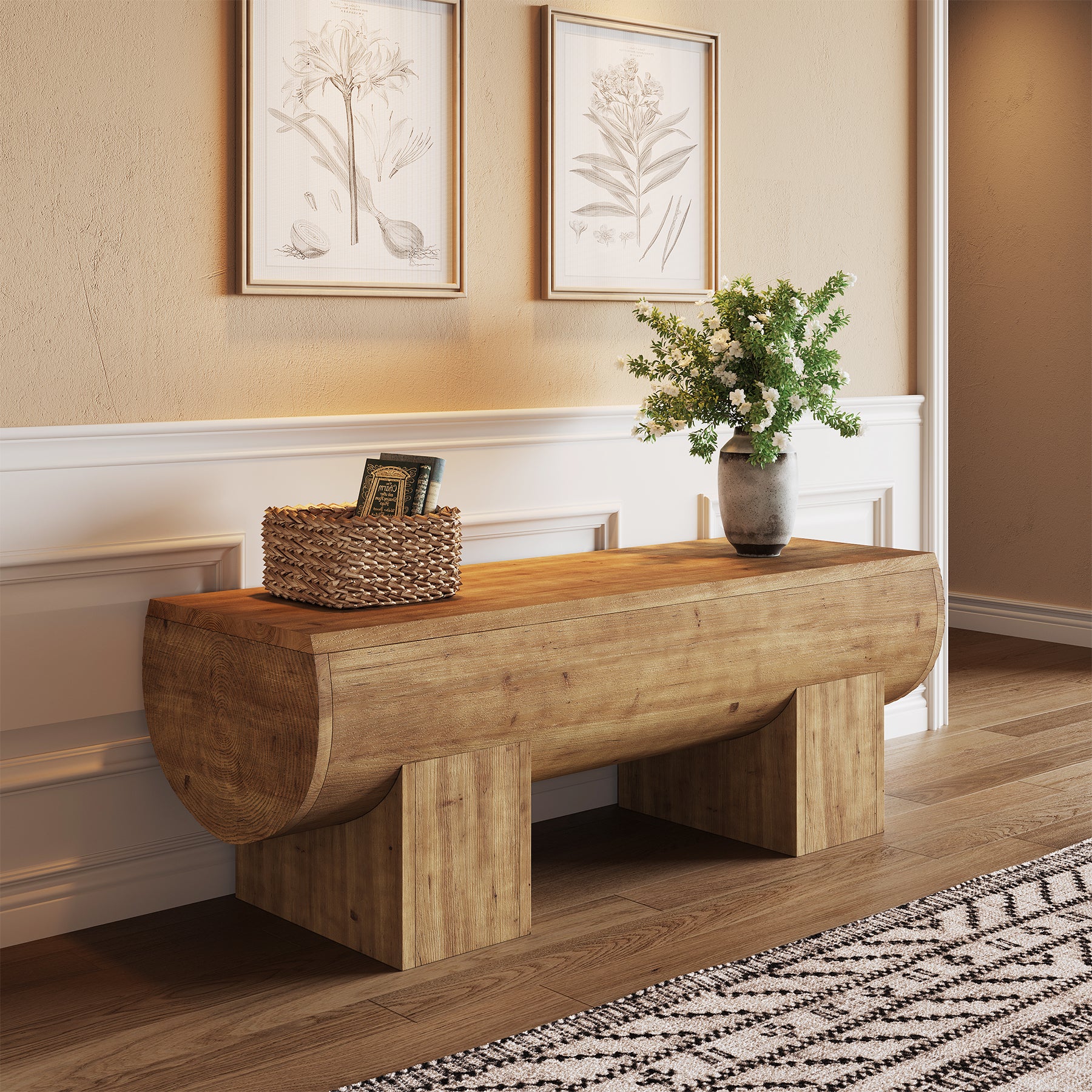 Solid Wood Entryway Bench, 47" Shoe Bench Farmhouse End of Bed Bench