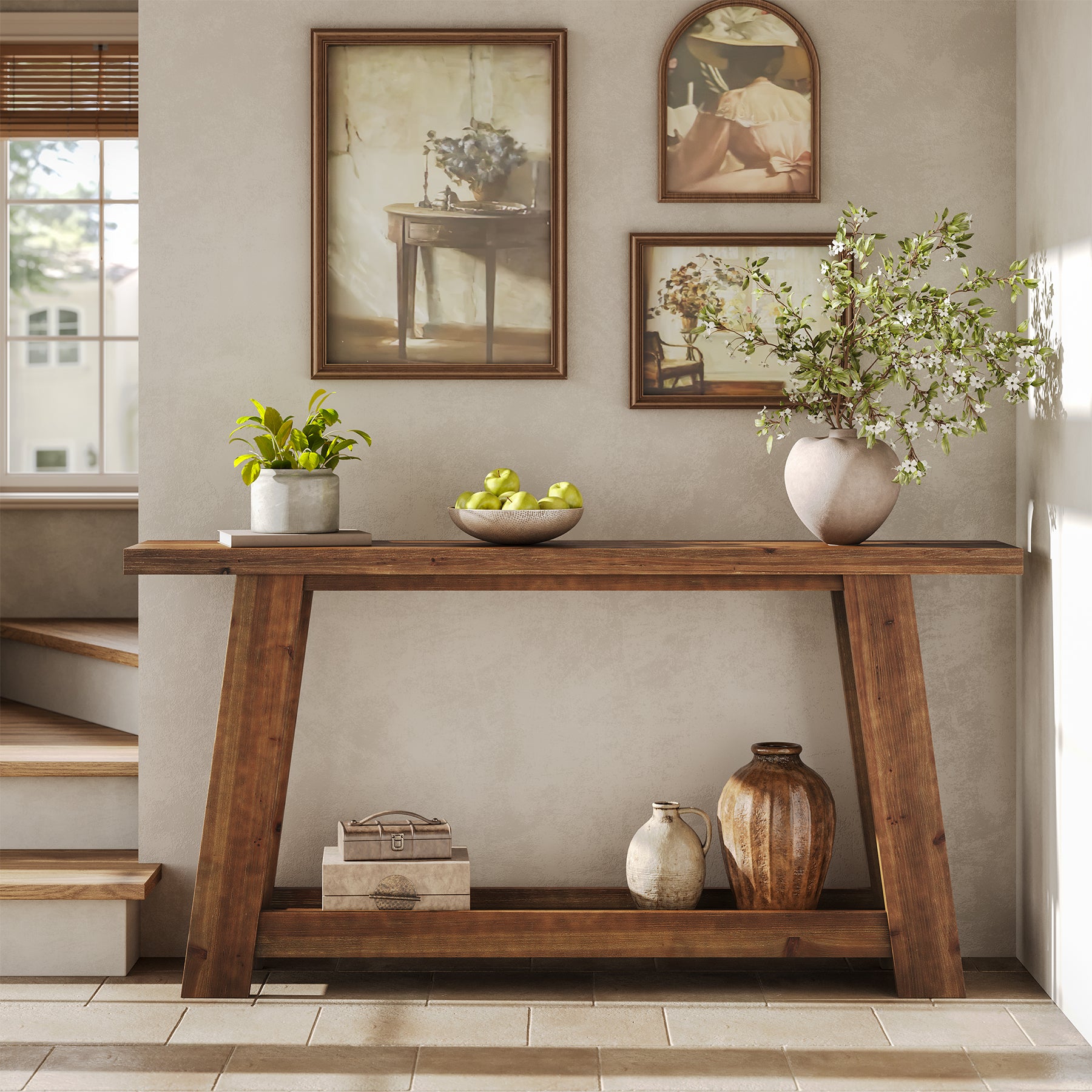 63" Console Table, Farmhouse Wood Sofa Entryway Table with 2-Tier Shelf