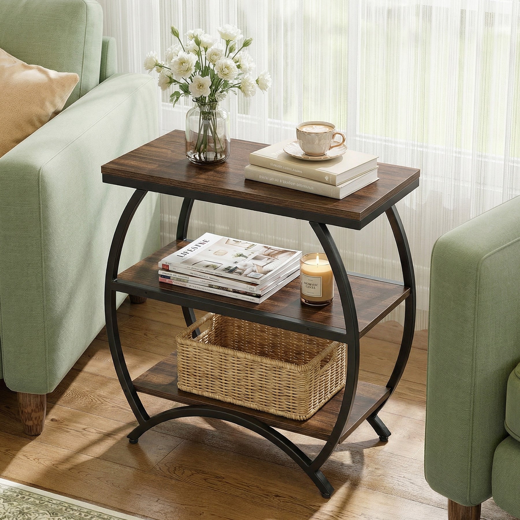 23 Inch Narrow End Table with Storage, 3 Tier Side Table for Living Room Bedroom Small Spaces