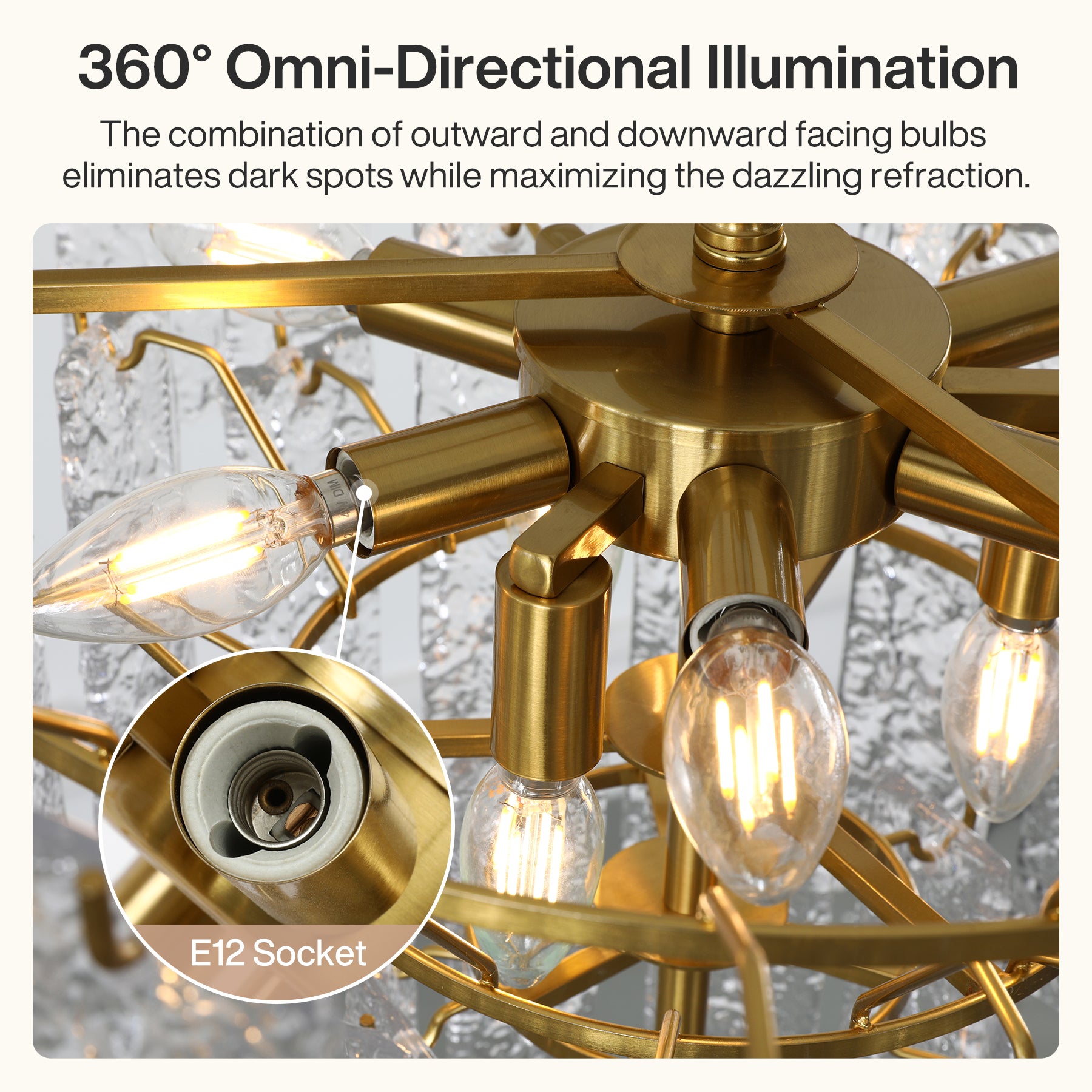 23.6” Modern Chandelier, 10-Light Water Ripple Glass Pendant Ceiling Light