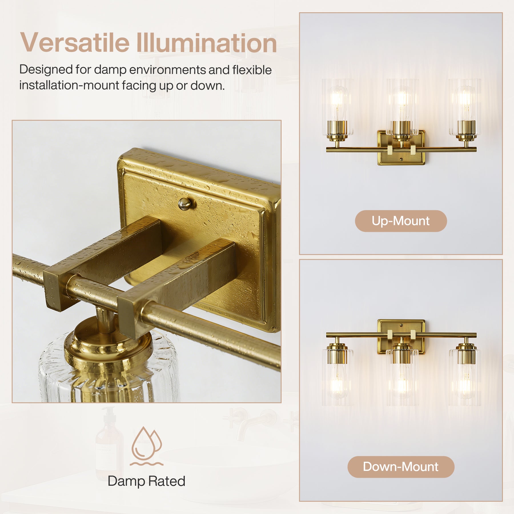 3-Light Bathroom Lighting, Adjustable Vanity Wall Sconce with Ribbed Glass Shades