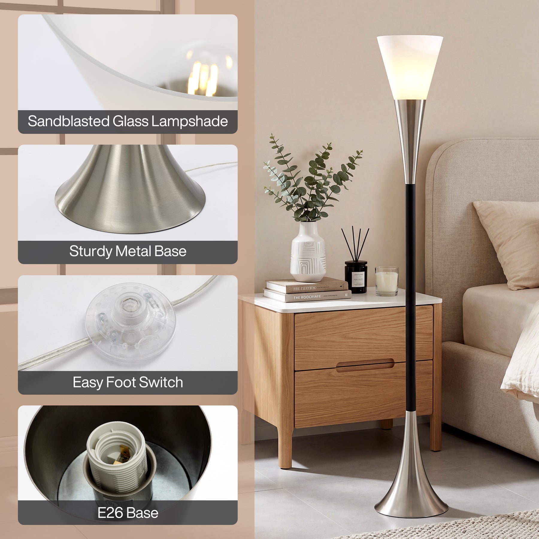 72.8" Floor Lamp with Sandblasted Glass Lampshade & Foot Pedal Switch