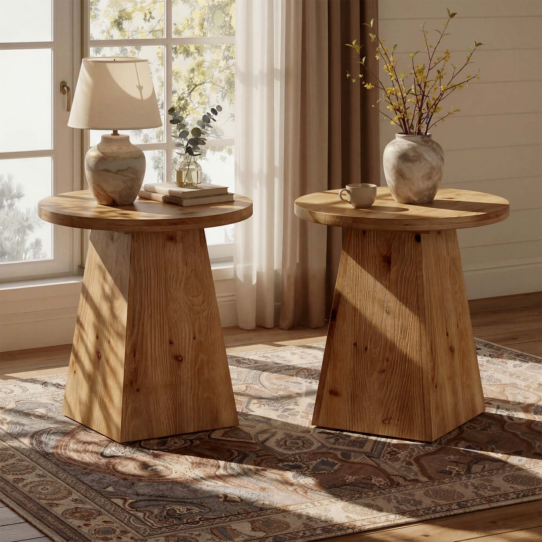 18.9 Inch Solid Wood End Table with Trapezoid Base, Round Side Table for Living Room Small Spaces