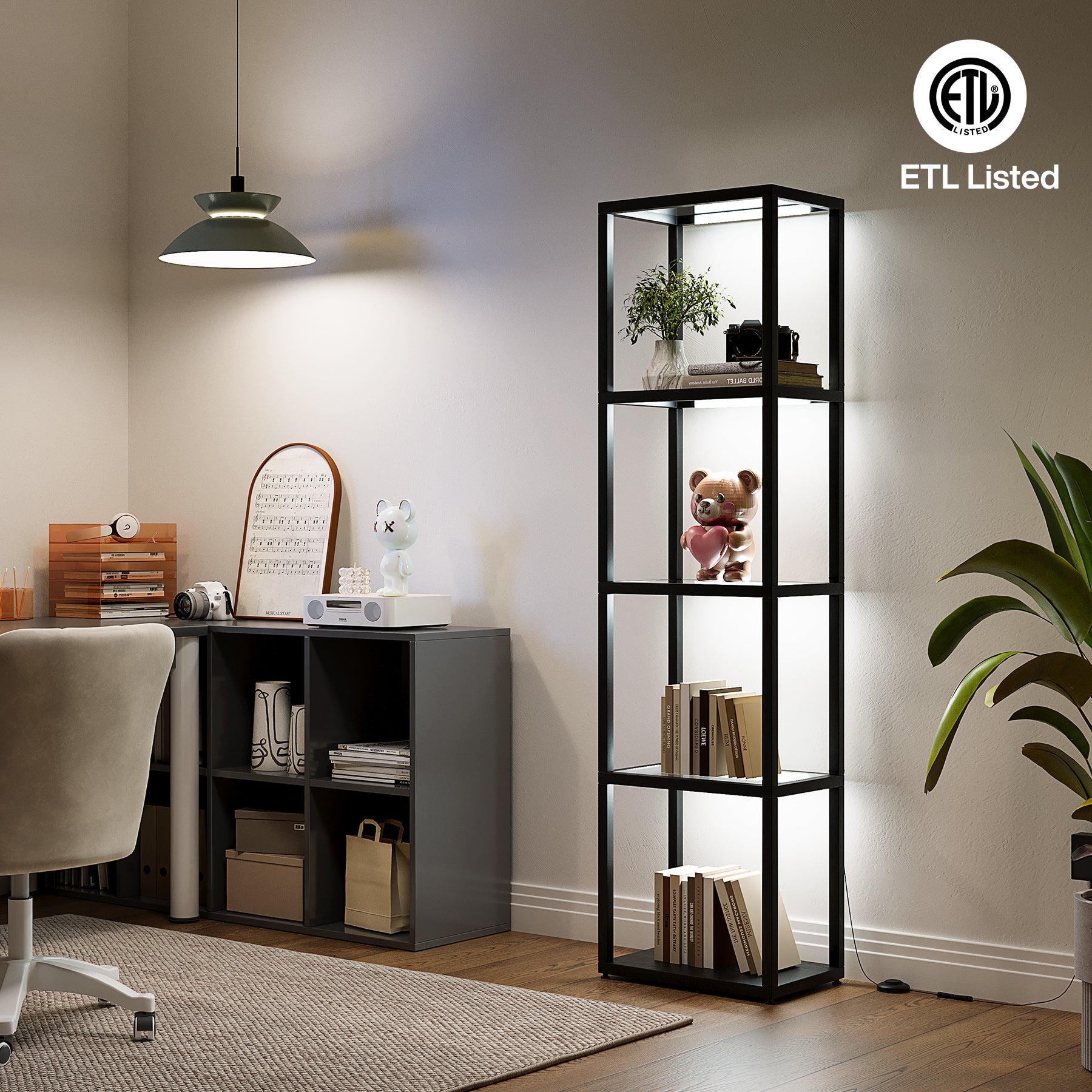 LED Floor Lamp, 4-Tier Bookshelf with Glass Shelves & Light
