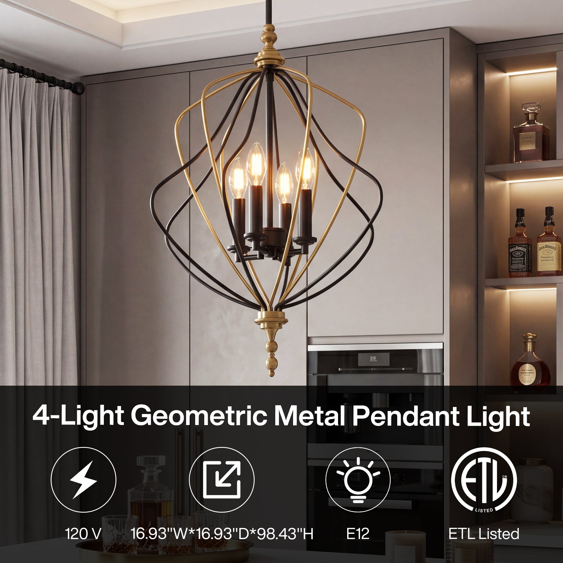 4-Light Chandelier, Modern Metal Cage Pendant Lighting for Living Room (Bulb Not Included)