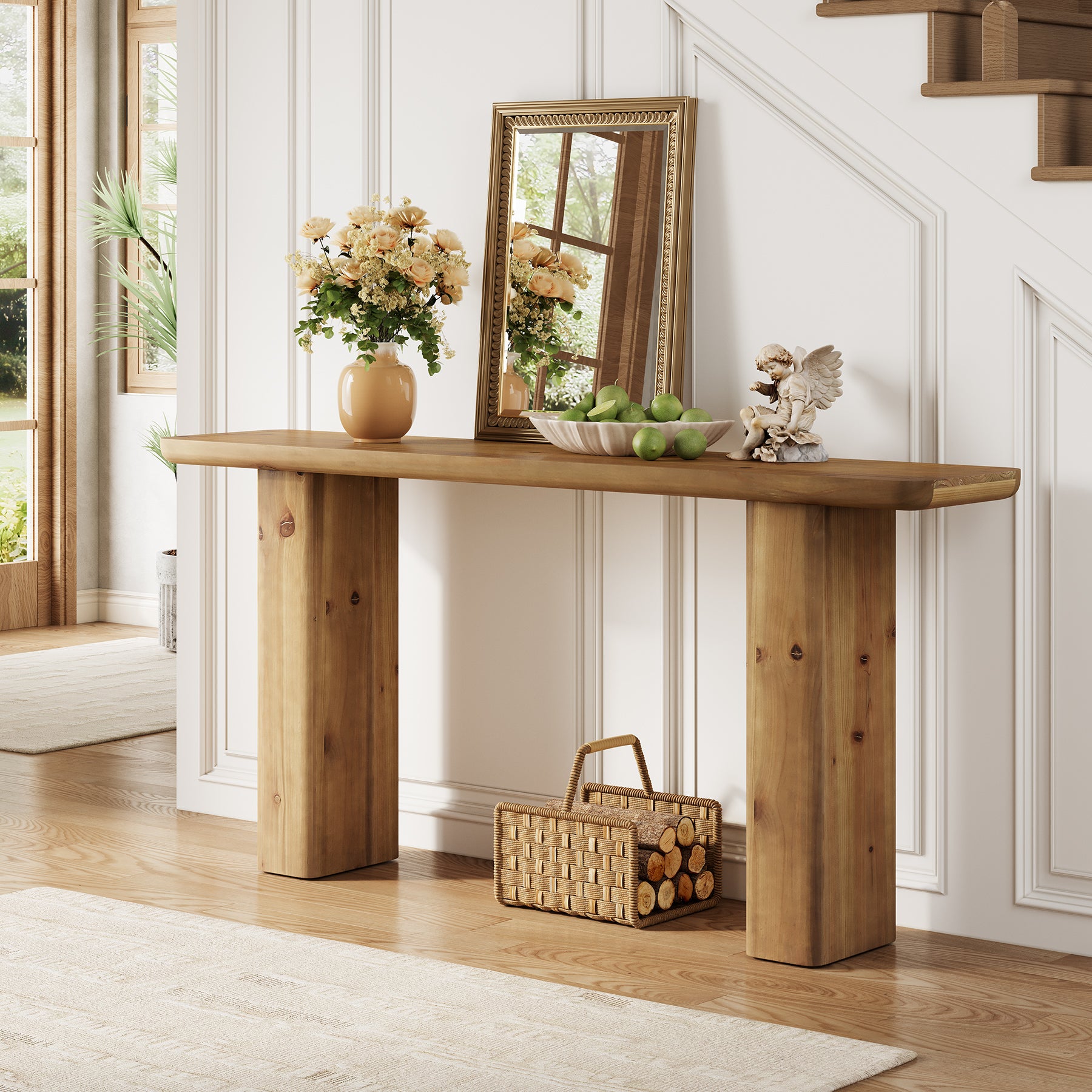 Solid Wood Console Table, 63" Sofa Table Behind Couch with Sturdy Base