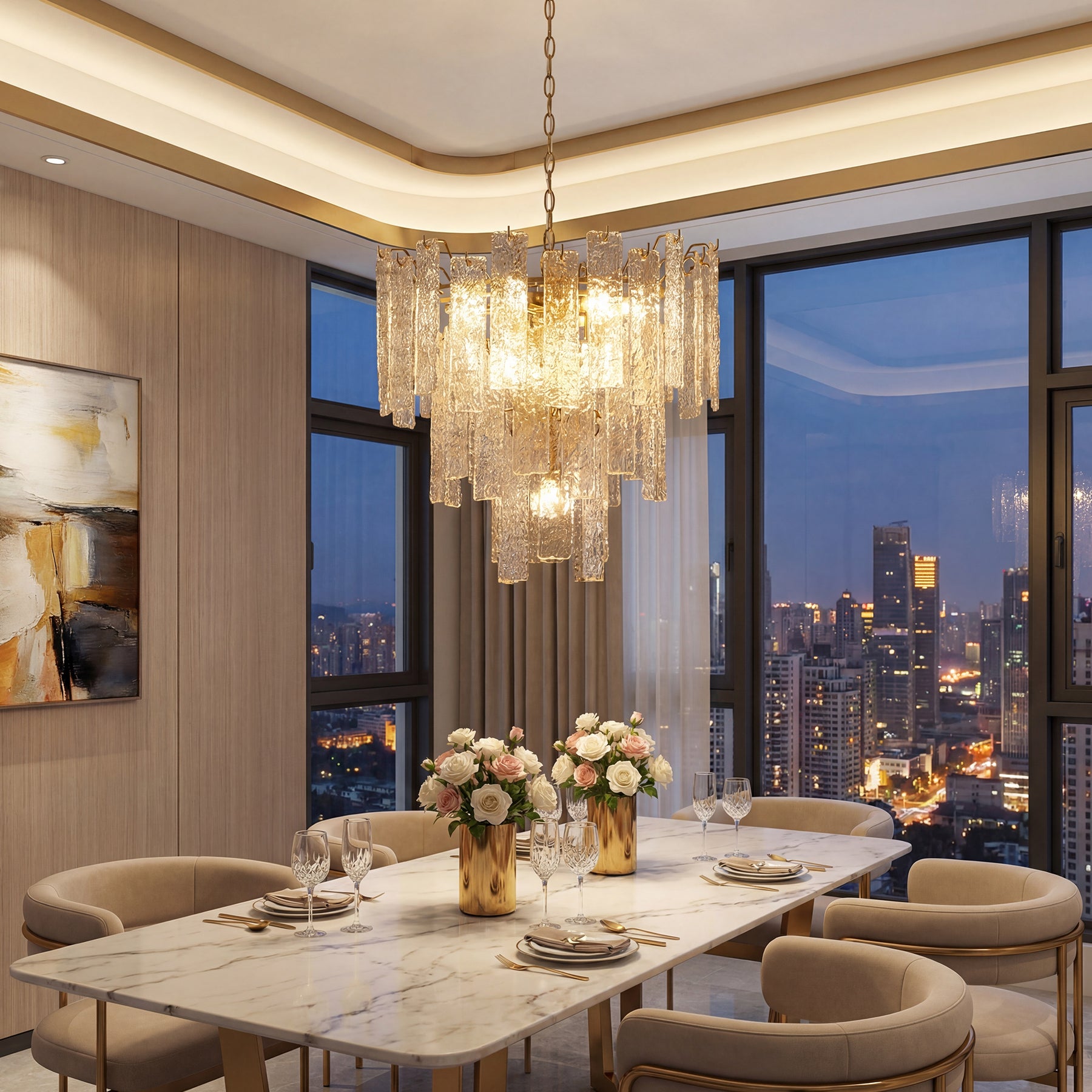 23.6” Modern Chandelier, 10-Light Water Ripple Glass Pendant Ceiling Light