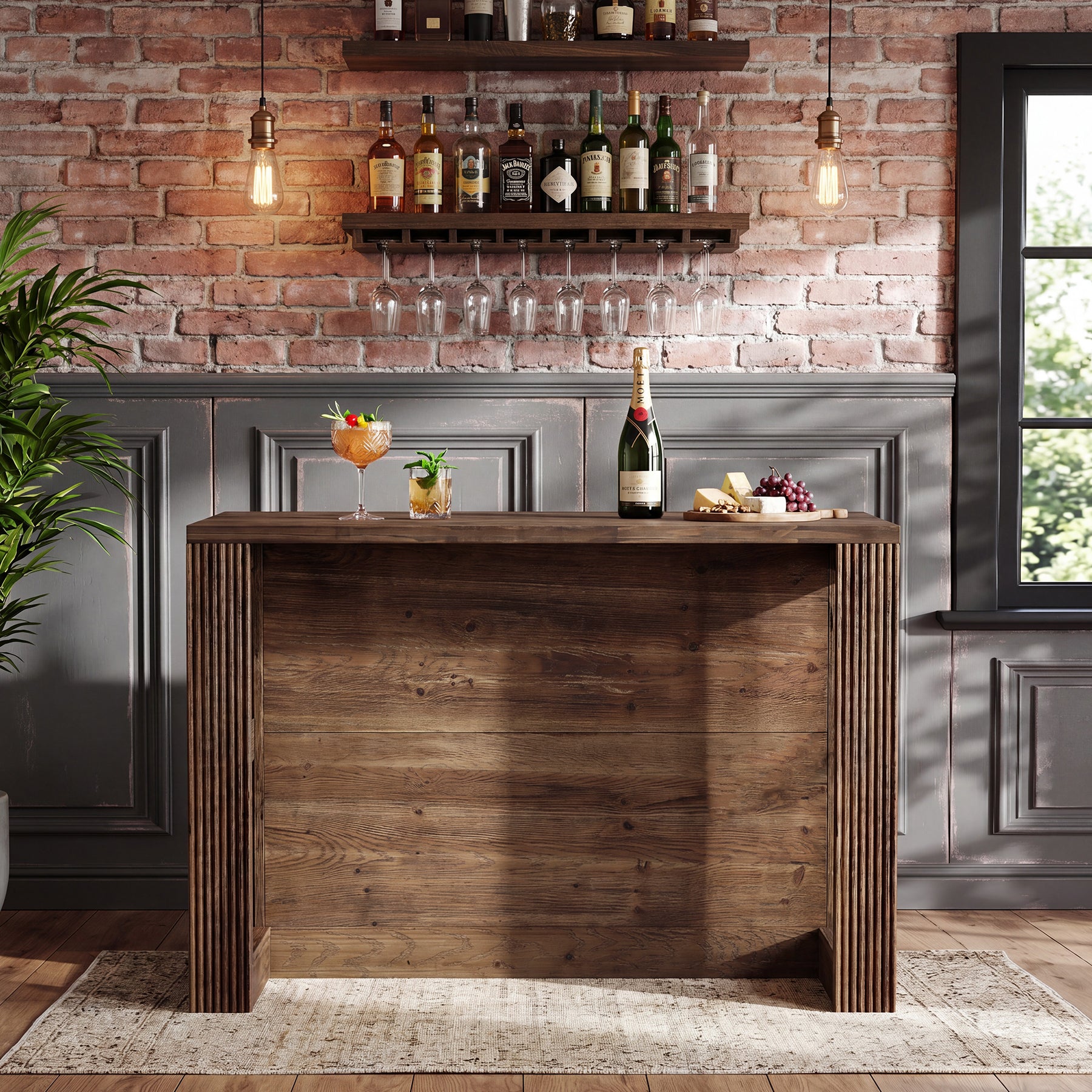 55" Home Bar Table, Solid Wood Counter Height Pub Table for Dining Room