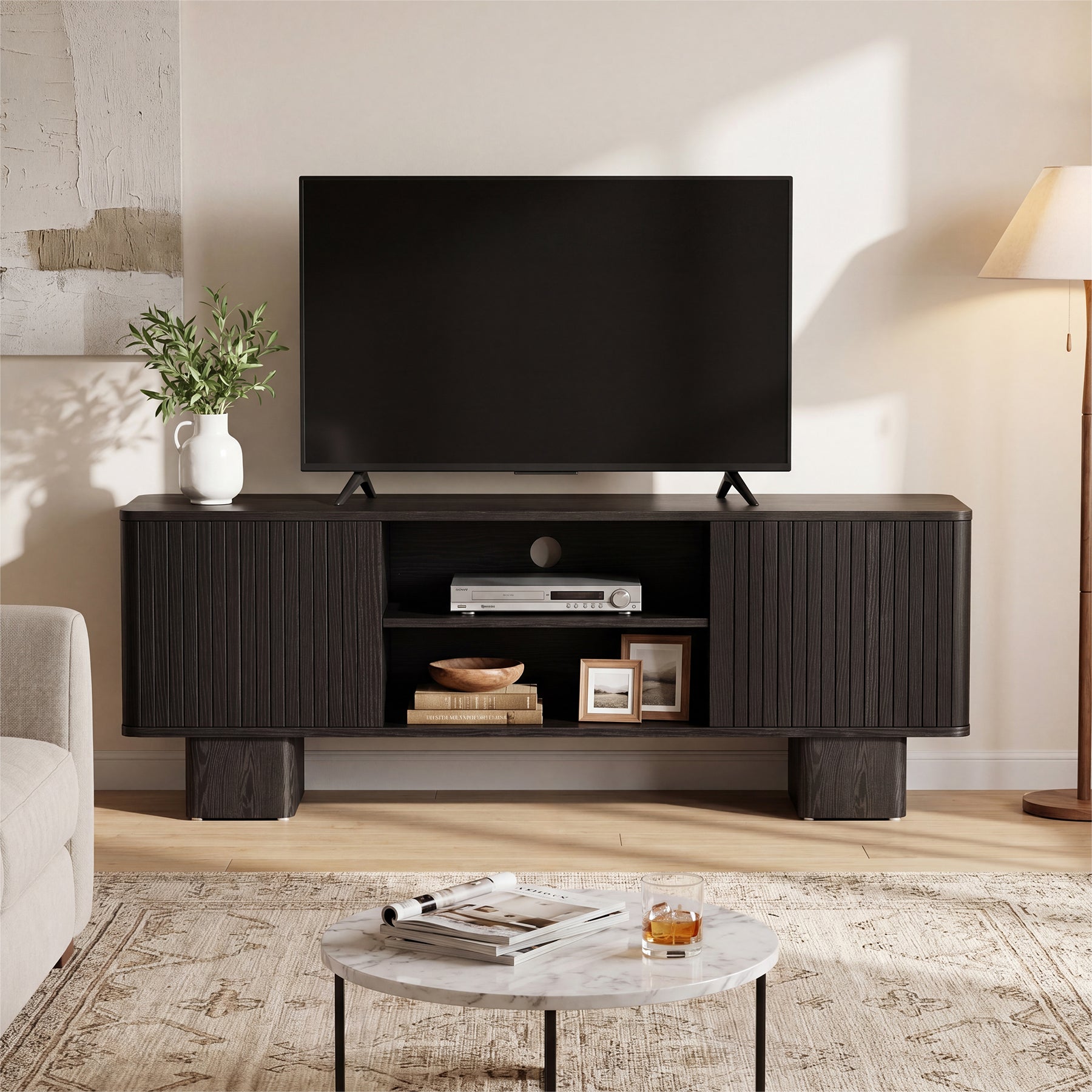 63" TV Stand for TVs Up To 70", Entertainment Center With Fluted Door & Hidden Storage