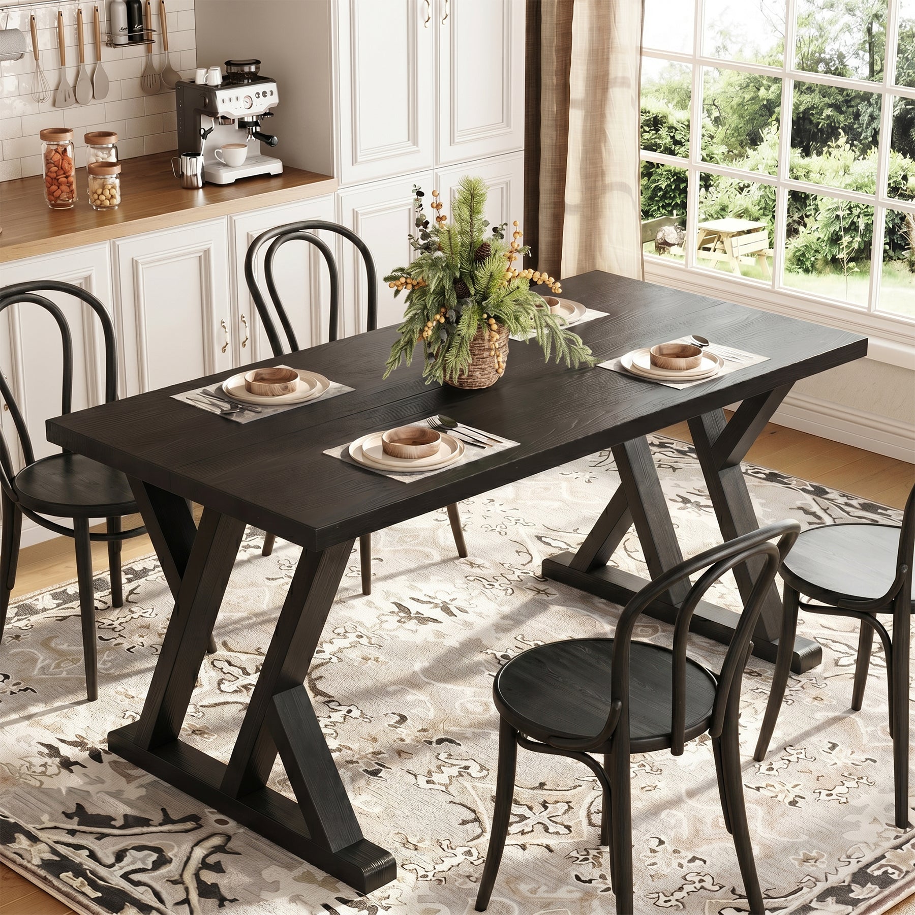 63" Wood Dining Table, Farmhouse Kitchen Dinner Table for 4-6 People