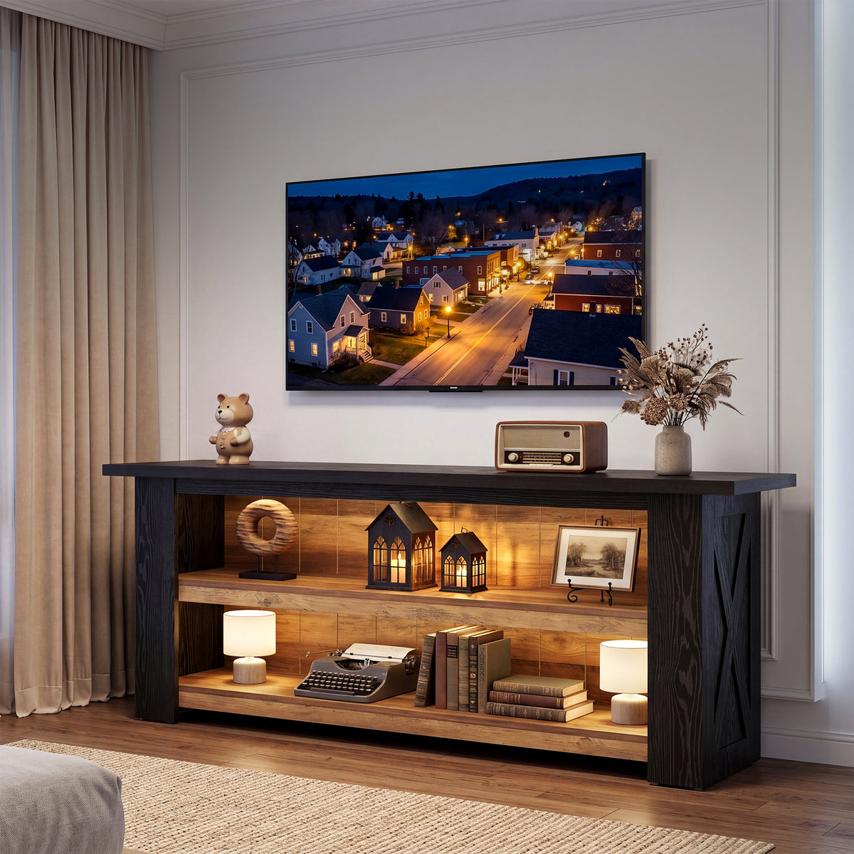 tv dresser black 63-Inch Farmhouse Stand with X-Shaped Side Panels, Entertainment Center for Living Room styleattribute-crepe This TV console table Black and White Mermaid Size:US 7.5 / EU 38.5
