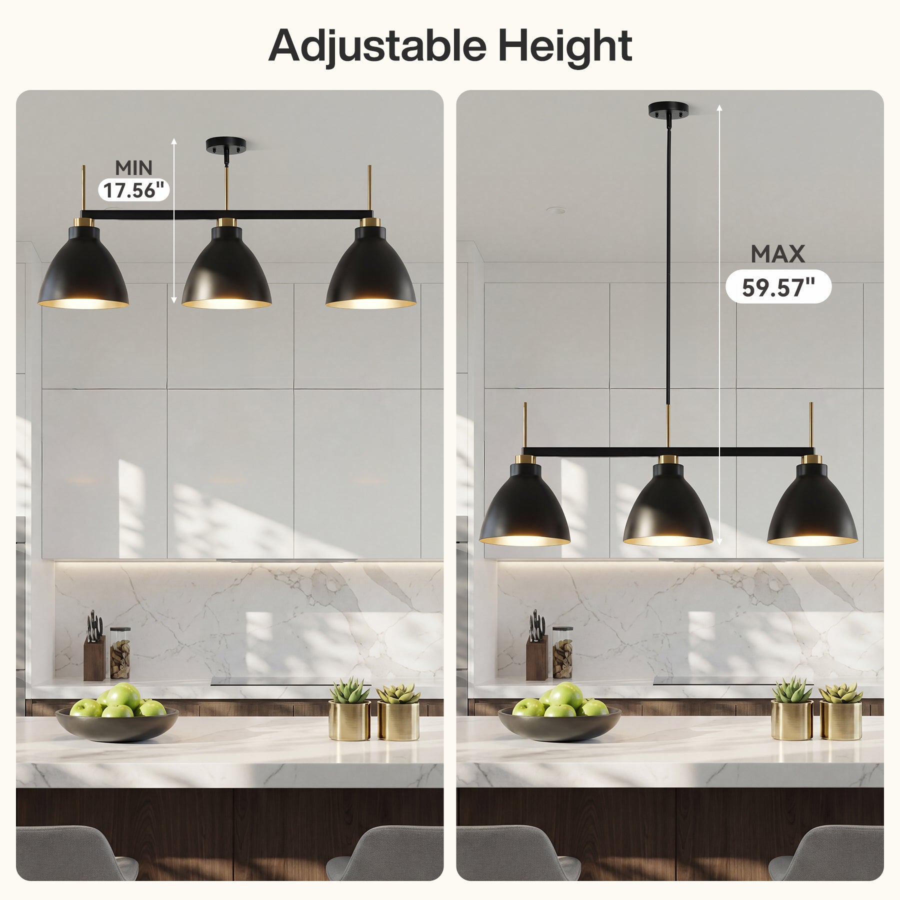3-Light Linear Pendant Lighting, Kitchen Island Light Fixture with Adjustable Rods
