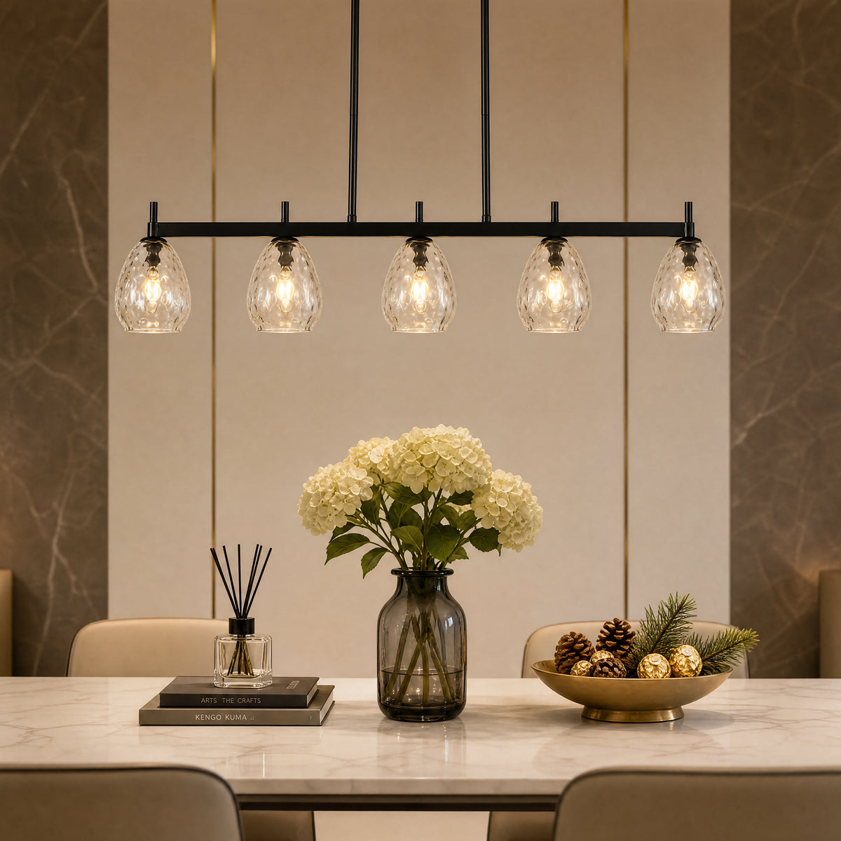 5-Light 41" Black Linear Pendant Light, Kitchen Island Light with Clear Glass Shade