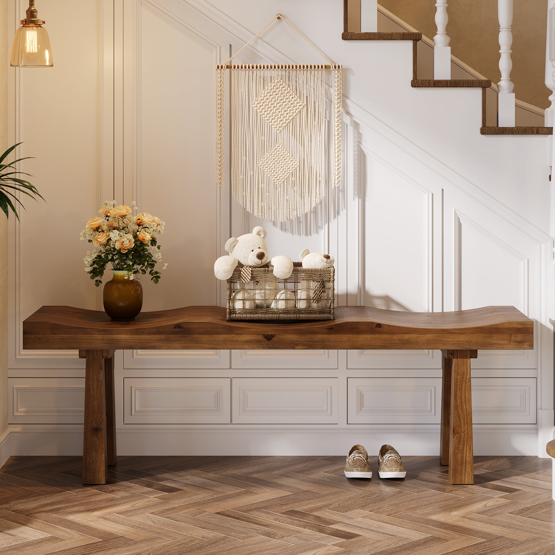 55" Entryway Bench, Solid Wood Storage Bench with Wave-Top Design for Foyer