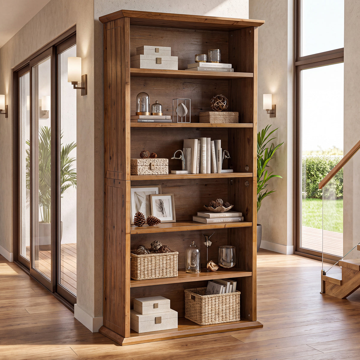 75" Solid Wood Bookshelf, 7-Tier Open Bookcase Display Shelf for Home Office
