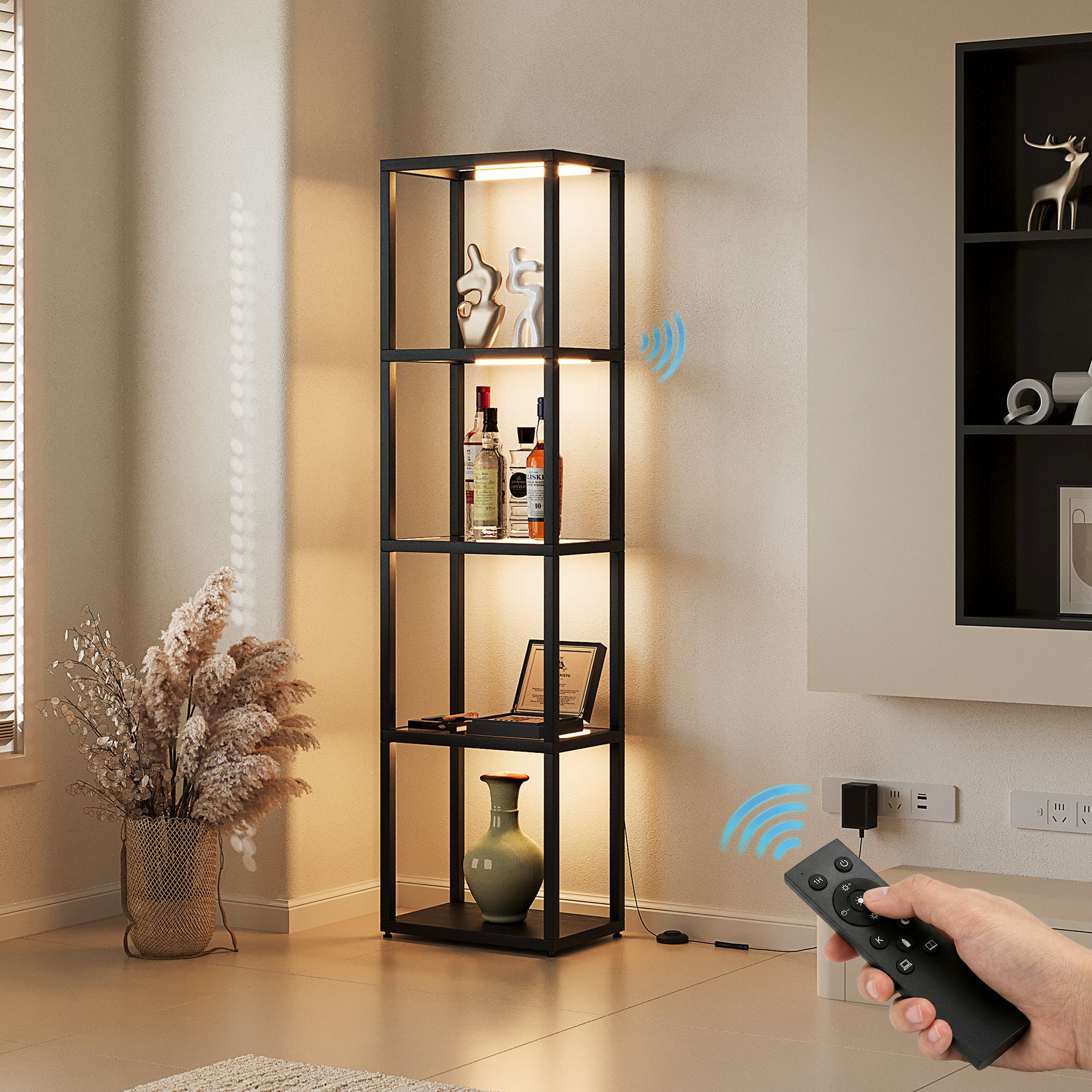 LED Floor Lamp, 4-Tier Bookshelf with Glass Shelves & Light