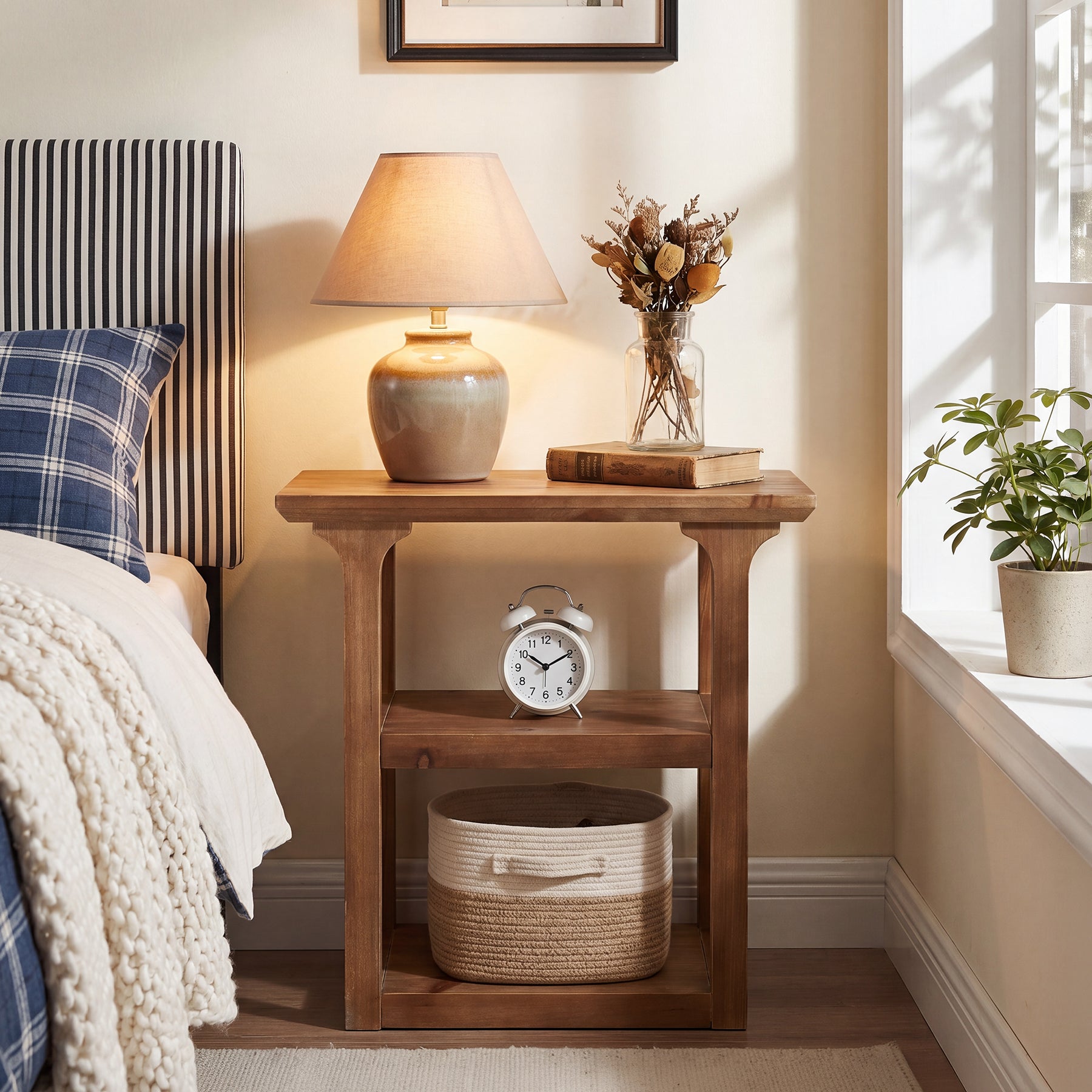 23.6" Solid Wood Nightstand, 3-Tier Bedside Table with Storage Shelves for Bedroom