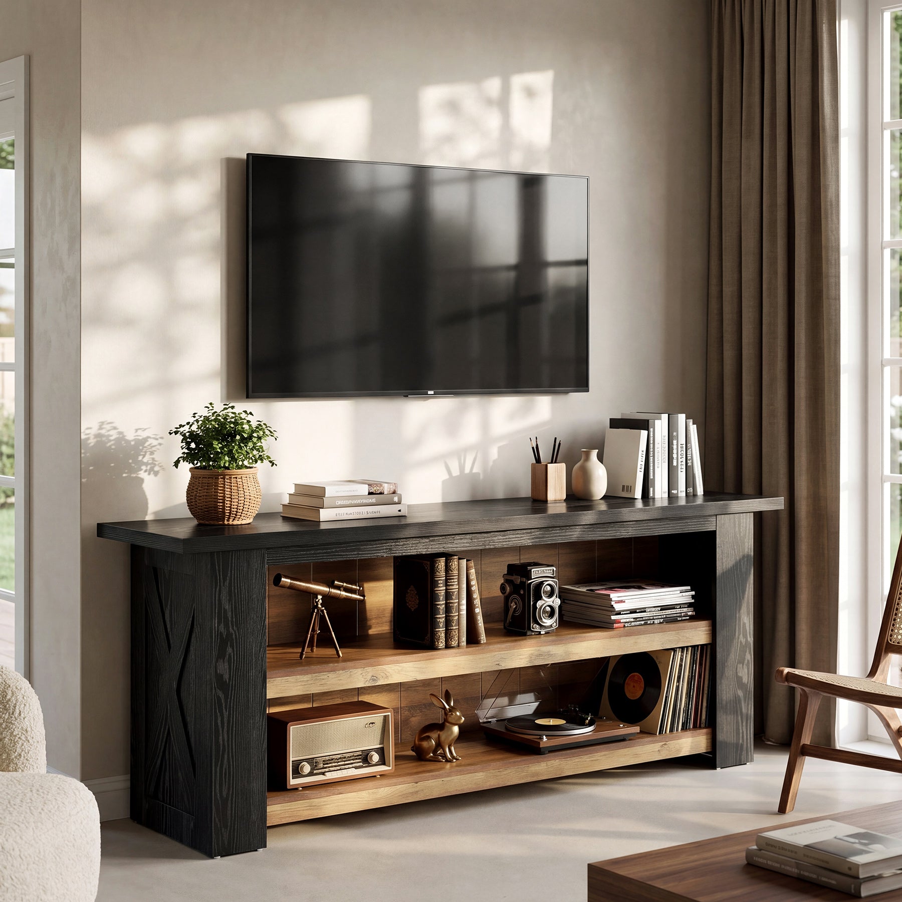 63-Inch Farmhouse TV Stand with X-Shaped Side Panels, Black Entertainment Center for Living Room
